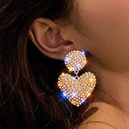 Sakytal Rhinestone Stud Earrings - Heart Shaped Full Crystal Large Pendant Earrings for Women & Girls | Luxury Nightclub Party Jewelry | Gold Tone Statement Earrings for Evening Wear, Prom, Wedding & Special Occasions