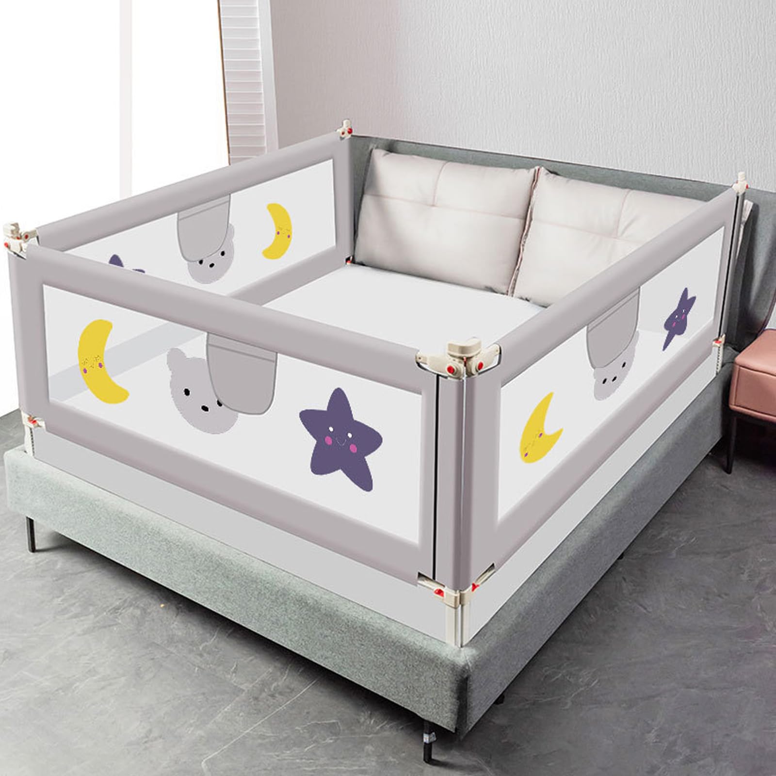 1*Baby Bed Rail with Double Child Lock - Adjustable Toddler Safety Guardrail for Queen Size Bed - Non-Slip Kids Bed Rail with Cute Patterns - Perfect for Nursery, Daycare & Home Use