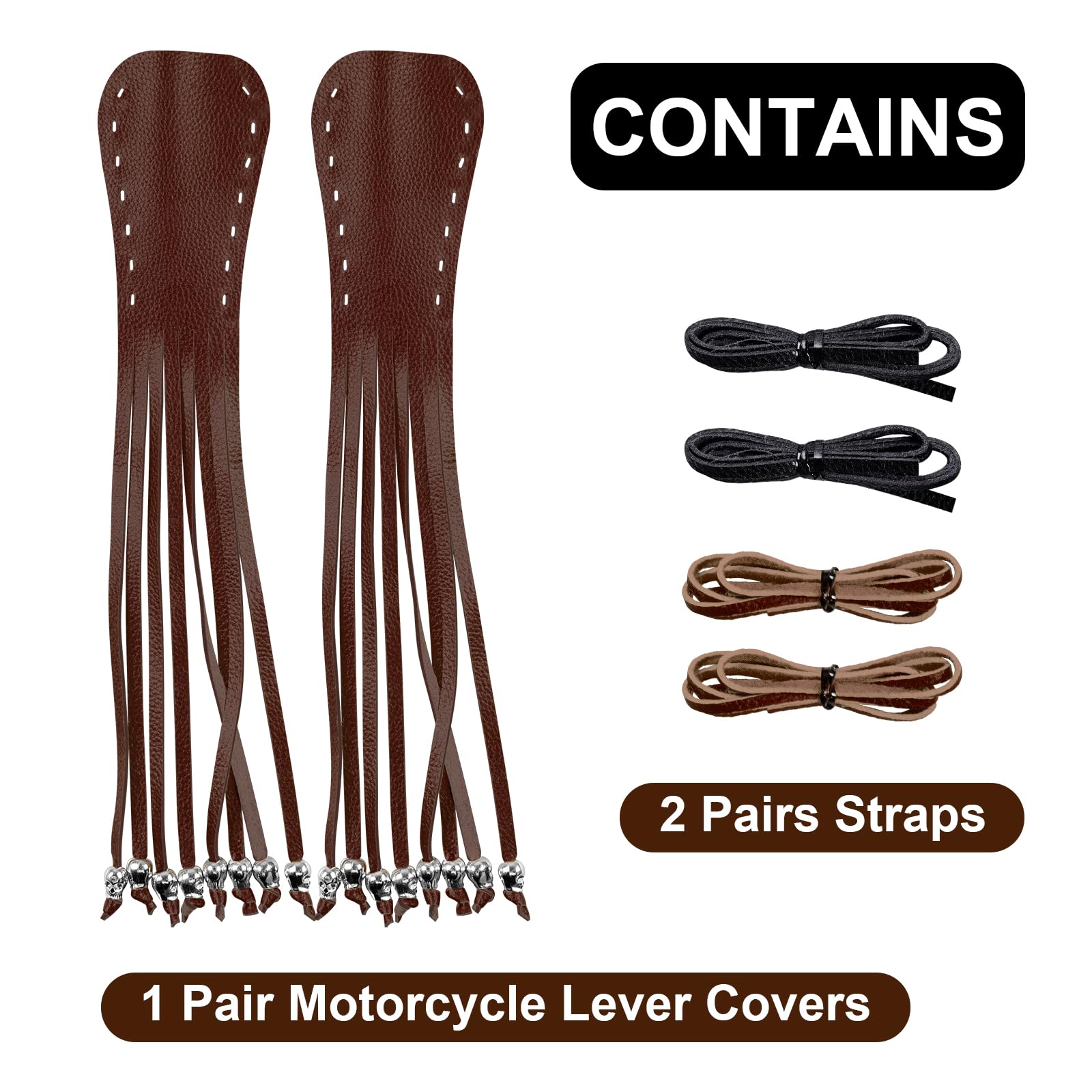 2-Pack Motorcycle Get Back Whips with Tassels & Skull Beads - PU Leather Handlebar Whip & Lever Cover Set for Harley, Chopper, Cruiser - Riding Safety Accessories for Bikers