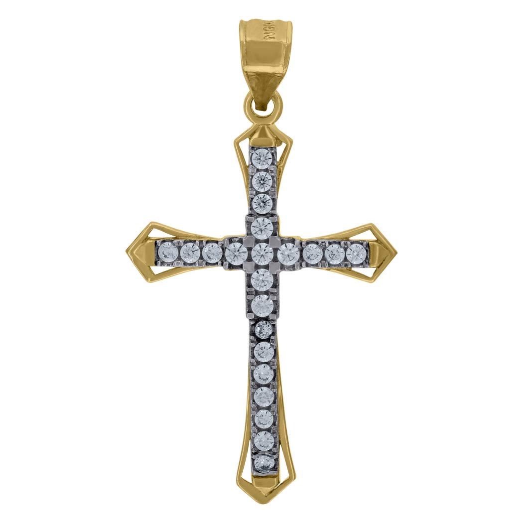 10K Two-Tone Gold Men's & Women's Cubic Zirconia CZ Cross Pendant Necklace - 35.1x19.6mm Religious Jewelry - Perfect Gift for Christmas, Baptism & Everyday Wear