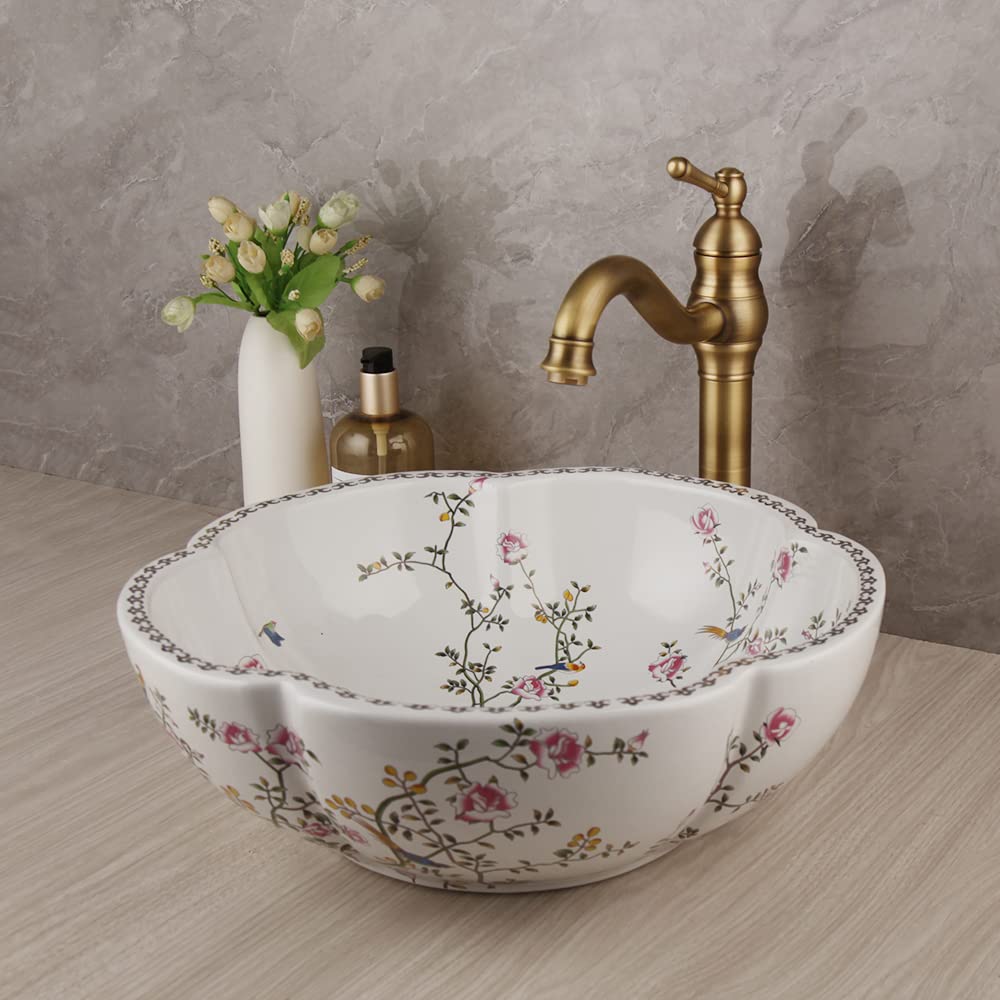 Antique Brass Faucet Round White Ceramic Vessel Sink with Floral Bird Design - Above Counter Bathroom Basin for Vanity, Powder Room & Farmhouse Decor