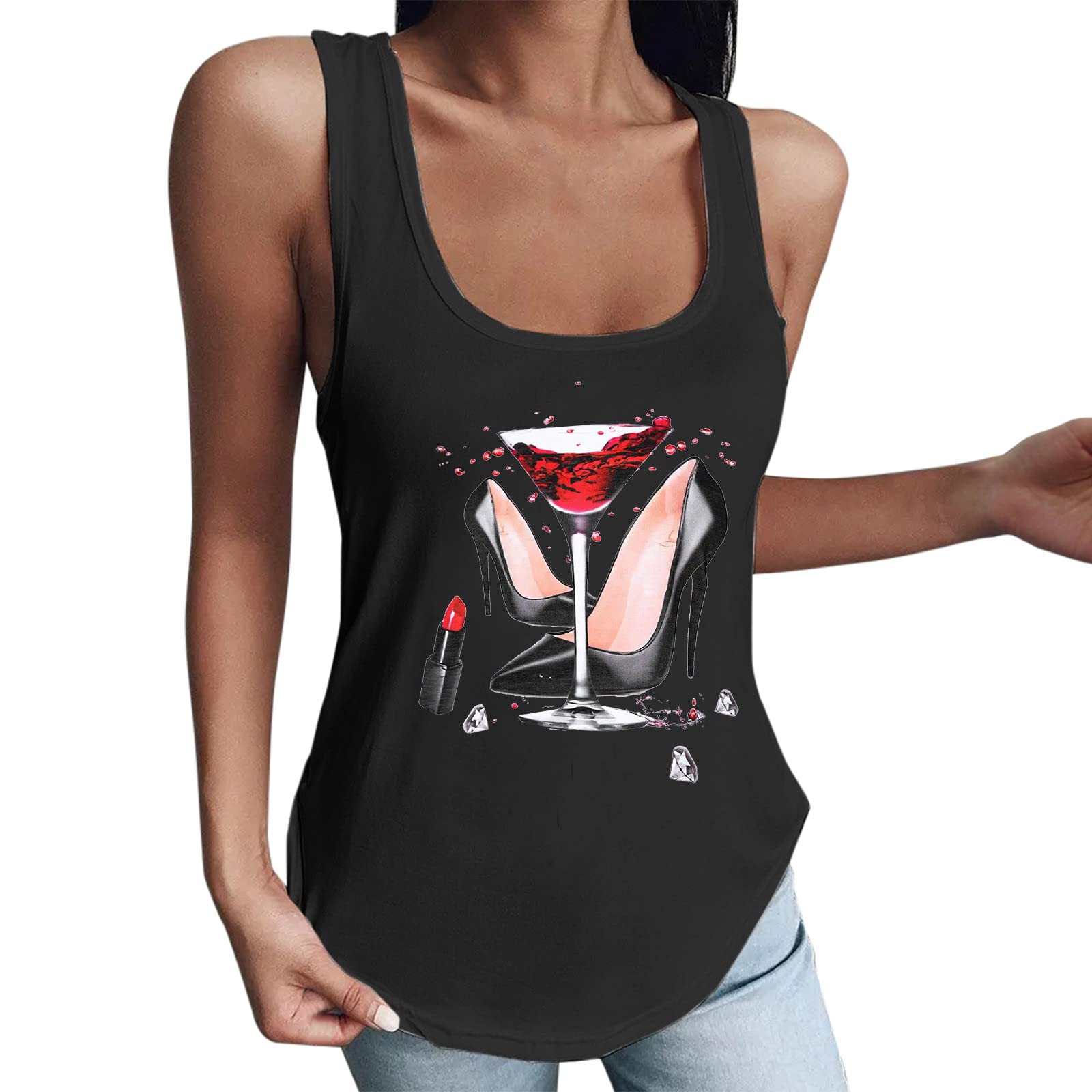 Women's Summer Sleeveless Tunic Top - Breathable Casual Graphic Print U-Neck Tank Blouse (Black, XXL) | Perfect for Beach Outings, Yoga, and Everyday Wear
