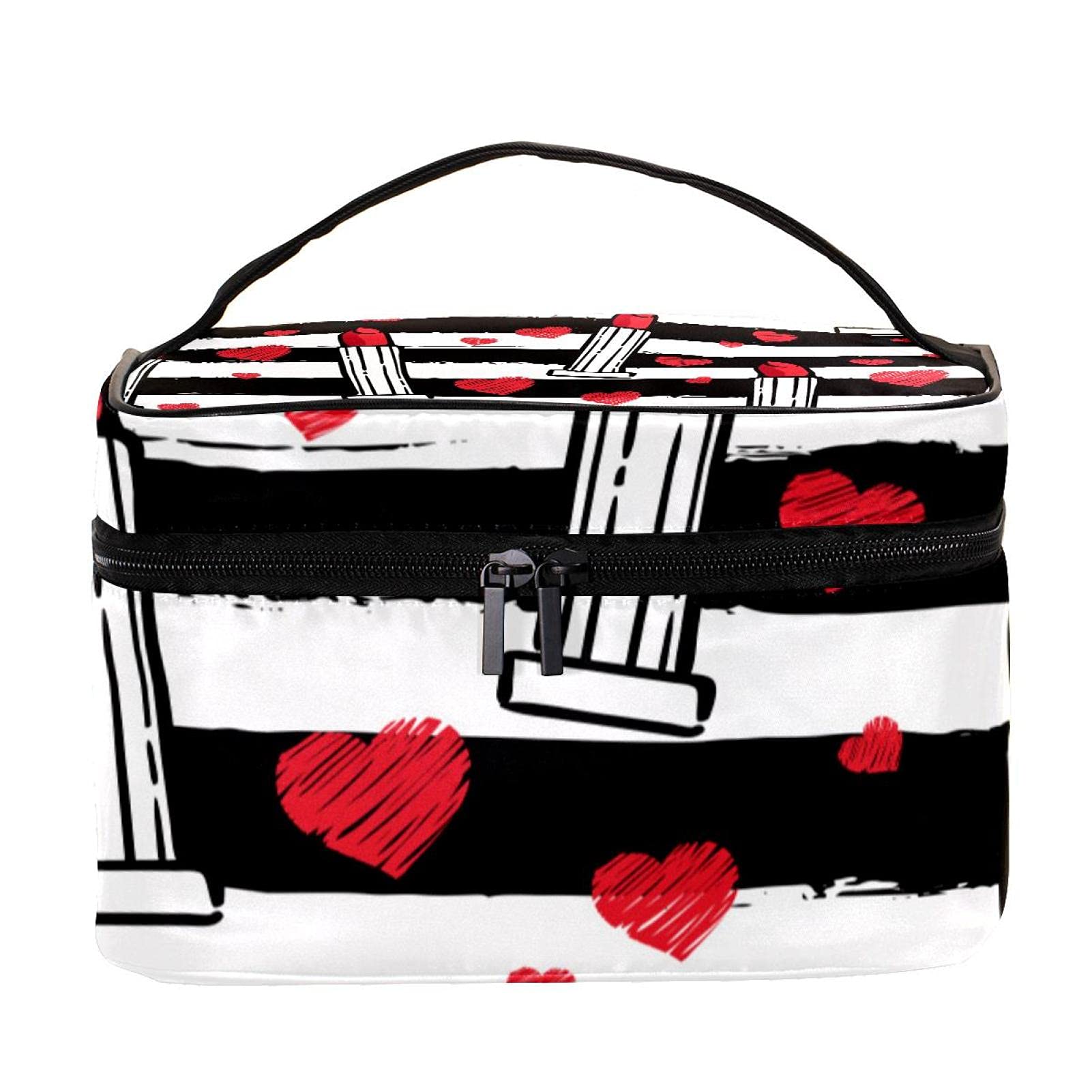 Red Lipstick & Black White Stripes Large Travel Makeup Bag - Cosmetic Organizer Case with Zipper for Women & Girls | Perfect for Travel, Gym & Daily Essentials Storage