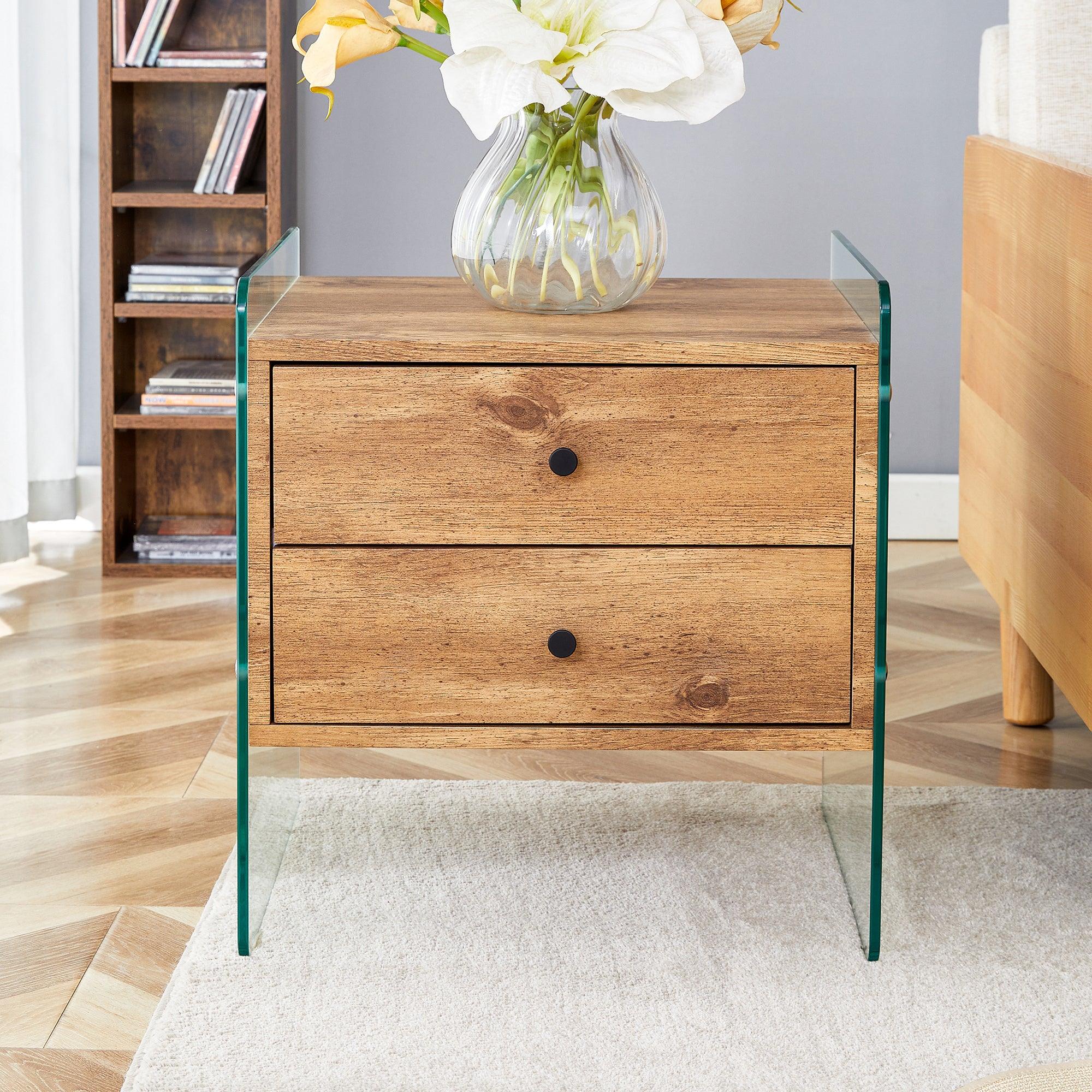 Modern Double Drawer Bedside Table with MDF Sticker Surface & Tempered Glass Sides - Elegant Design & Spacious Storage for Bedroom, Living Room, or Office