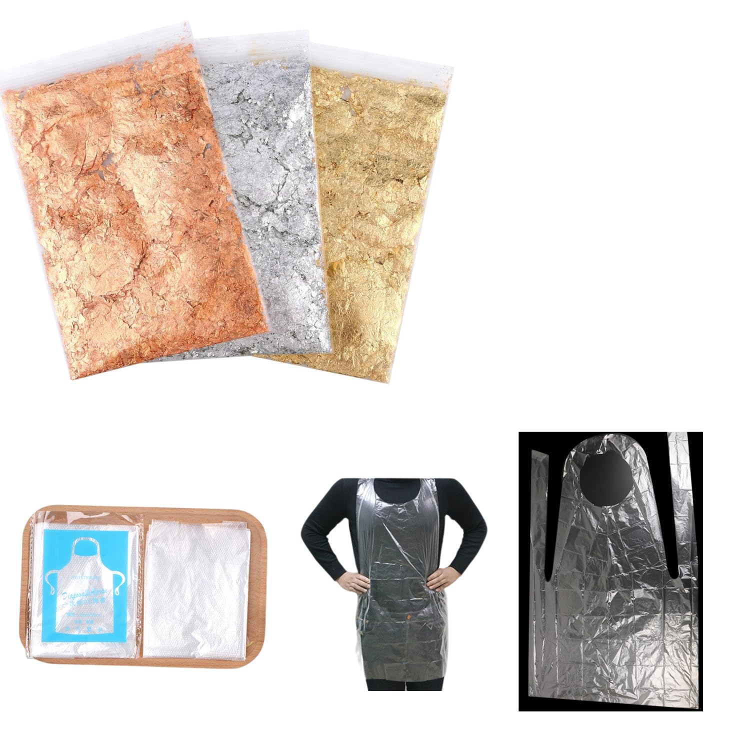 Snoogg 3 Pack Gold Silver Copper Metallic Foil Flakes & 2 Piece Apron Set for Nail Art, Epoxy Resin, Painting, DIY Crafts - Perfect for Home Decor, Gift Wrapping, Scrapbooking & Creative Projects