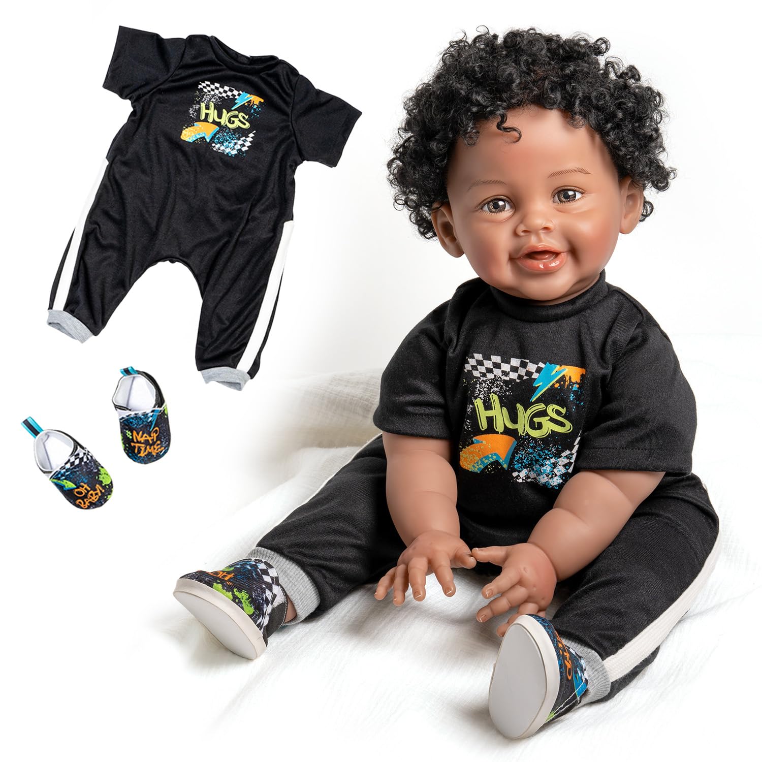 22 Inch Realistic Reborn Black Baby Boy Doll with Lifelike Curly Rooted Hair - Oh Baby 4 Piece Gift Set for Ages 3+ | Perfect for Collectors, Nursery Decor, and Pretend Play