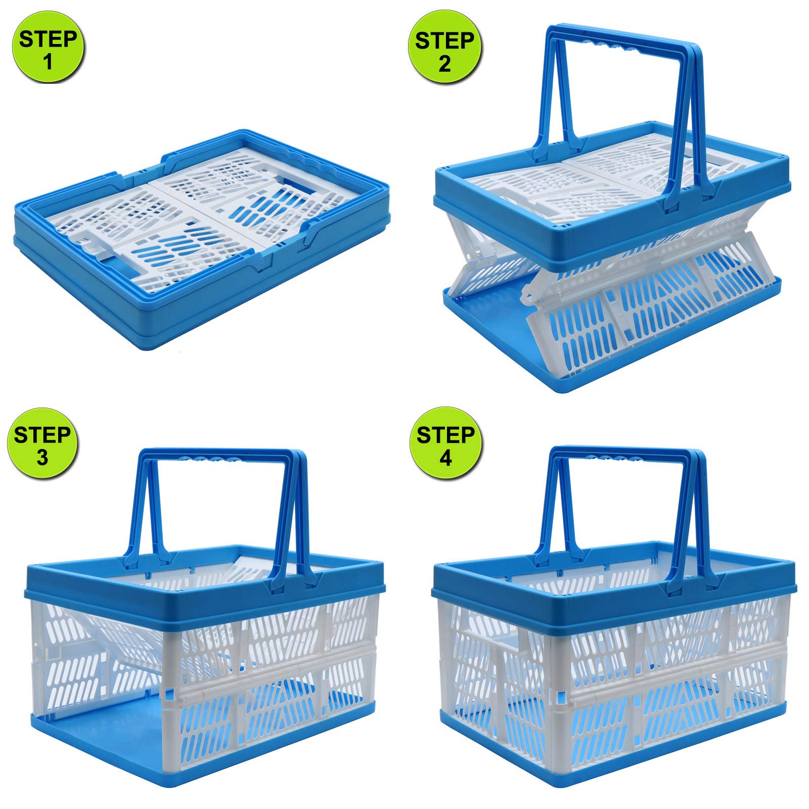 Foldable Plastic Grocery Basket - Stackable Milk Crate with Handles, Collapsible Storage Bin for Shopping, Laundry & Organizing (2-Pack) - Perfect for Supermarkets, Pantry Storage & Home Organization