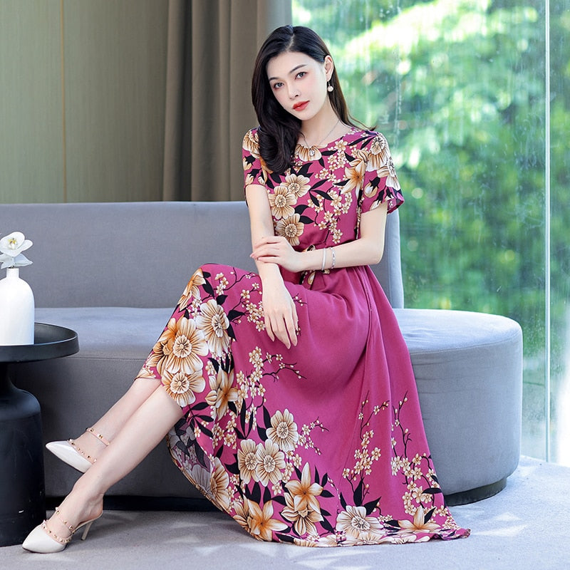 Floral Print O-Neck Women's Dresses - Elegant & Comfortable for Casual Wear, Office, and Special Occasions