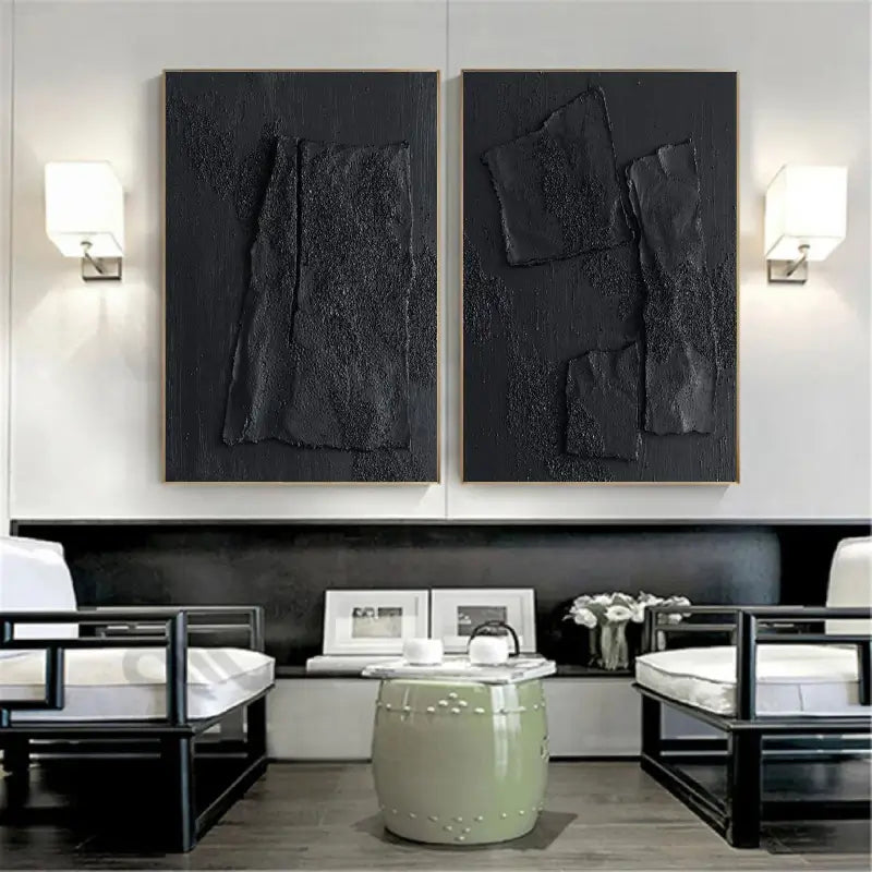 Minimalist Black Plaster Art Textured Paintings - Set of 2 Modern Abstract Wall Decor #MZ026 - Perfect for Living Room, Bedroom & Office Decor