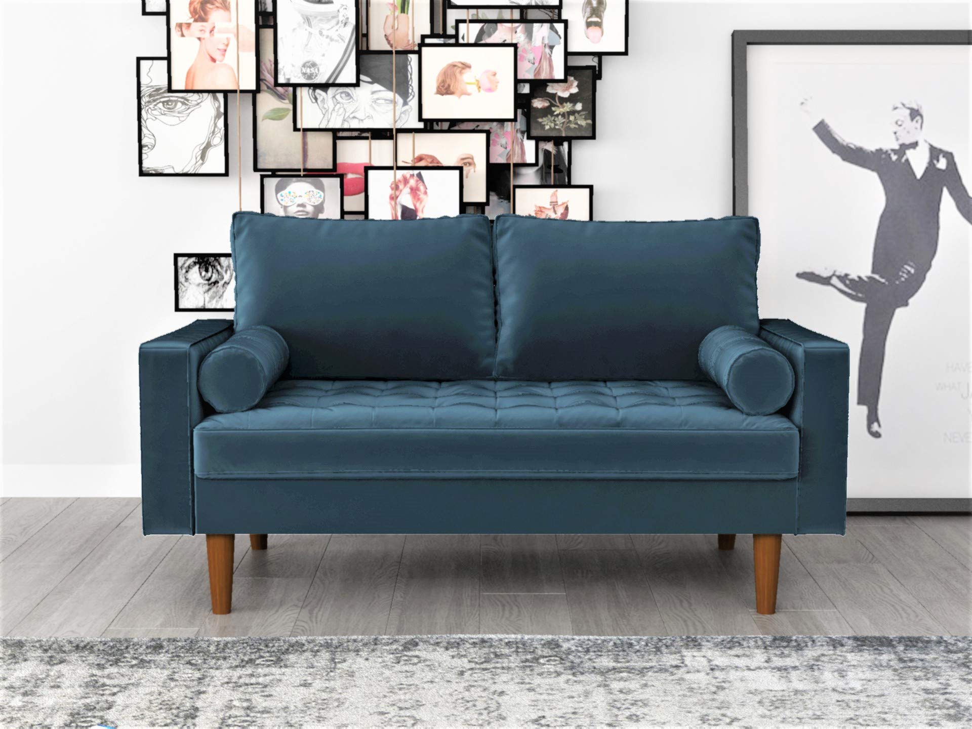 Mid Century Modern Velvet Loveseat with Tufted Seat & Bolster Pillows - Oxford Blue Upholstered Sofa for Living Room, Lounge & Home Decor