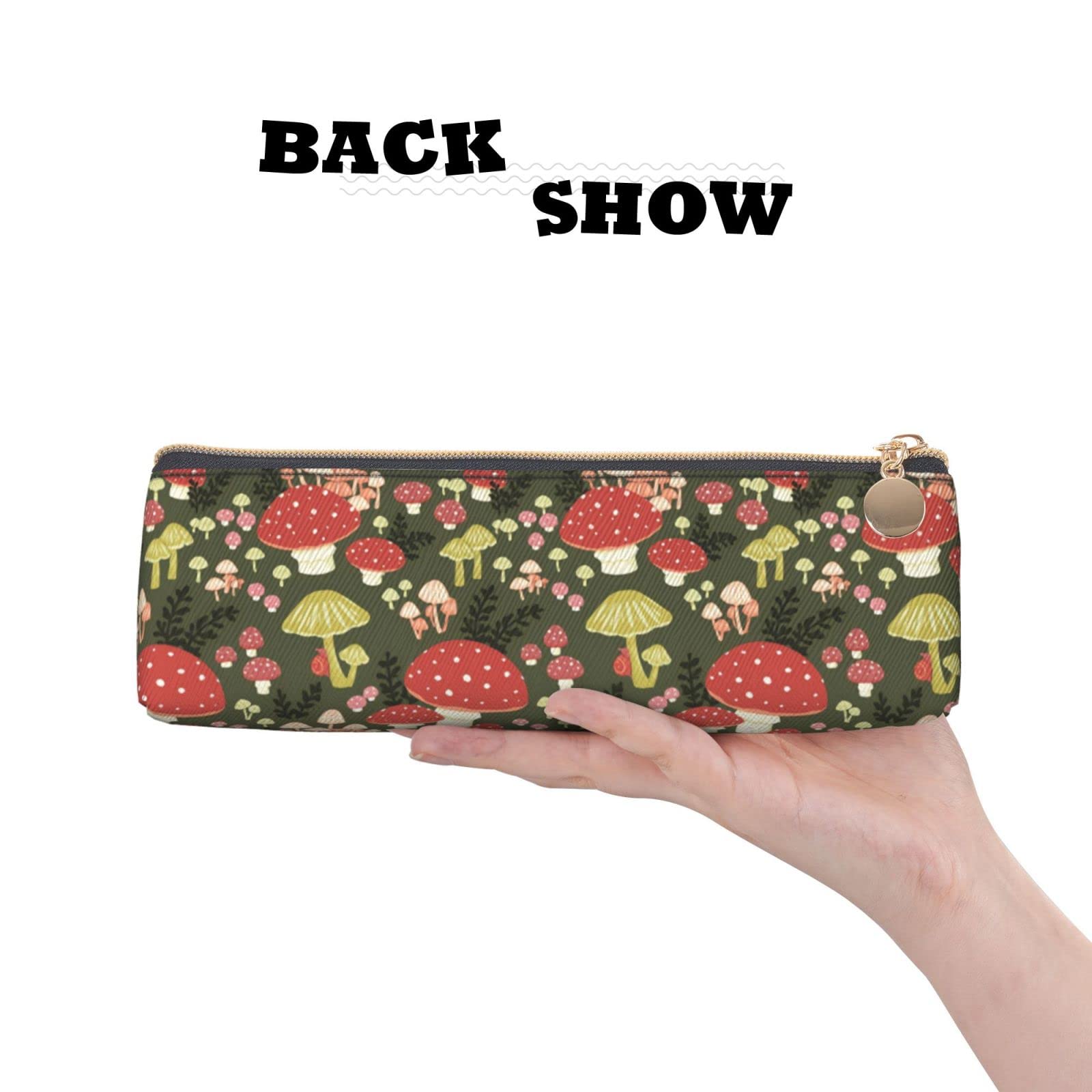 Mushroom Pattern Leather Pencil Case with Zipper - Stylish Pen & Makeup Pouch for School, Office, Work or Travel - Perfect Stationery Organizer for Students & Professionals