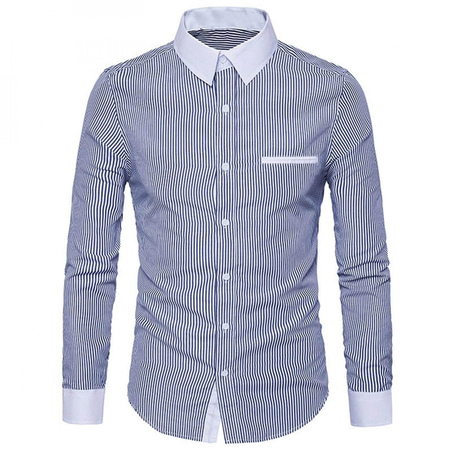 Men's Vertical Striped Button-Down Dress Shirt - Casual Long Sleeve Classic Regular Fit Contrast Color Hipster Shirt in Navy Blue | Office Wear, Date Night & Business Casual Outfits