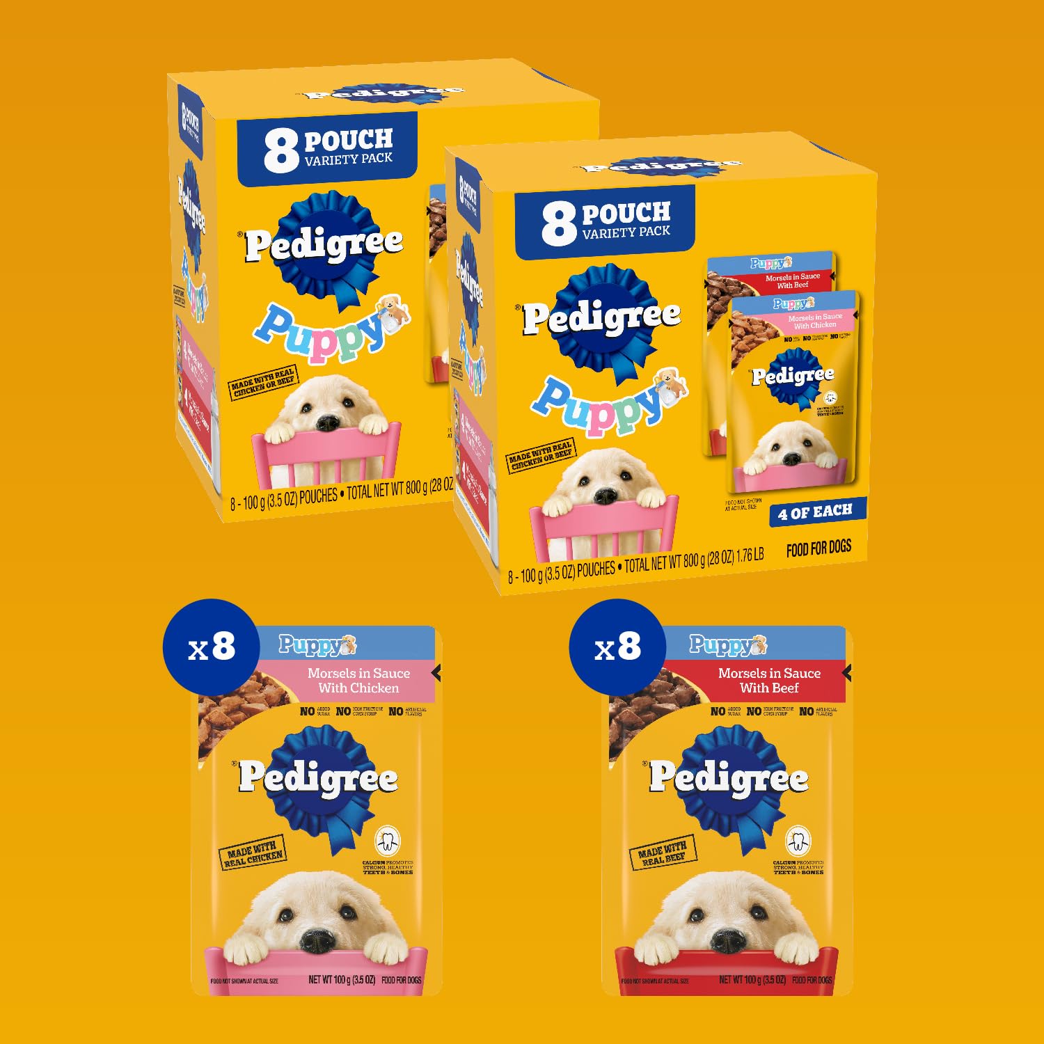 Pedigree Puppy Soft Wet Dog Food Variety Pack - 8 Pouches (3.5 oz Each) - 2-Pack for Small & Medium Breed Puppies - Perfect for Training, Travel & Mealtime Rewards