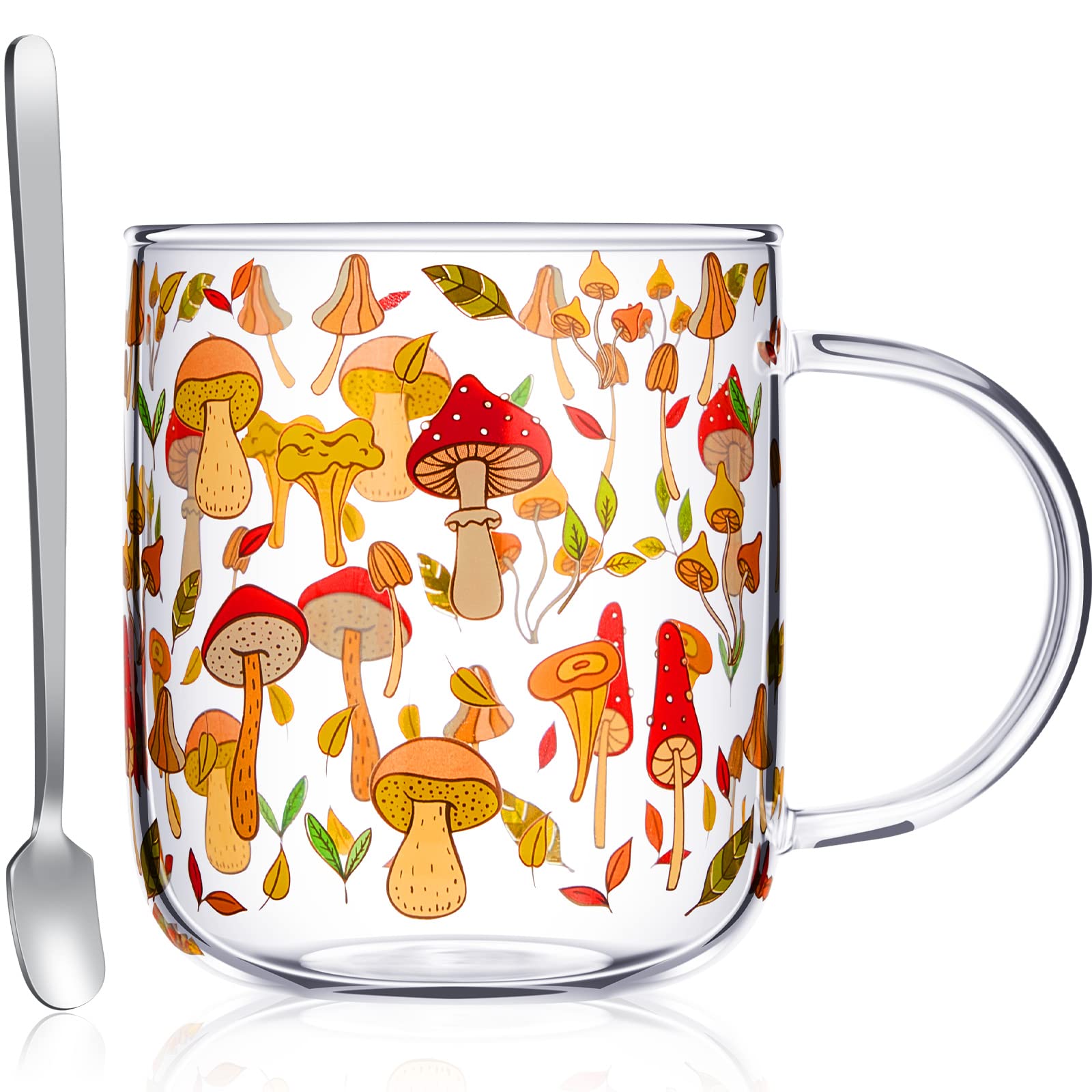 CHENGU 15 oz Clear Mushroom Glass Mug with Handle & Stainless Steel Spoon - Perfect for Coffee, Tea, Milk - Unique Gift for Christmas, Thanksgiving, Birthday - Cute Home Decor & Kitchen Accessory