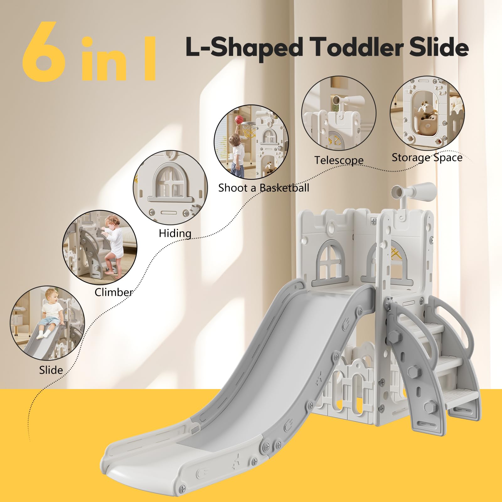 Best Toddler Slide for Kids 1-3 Years - Indoor/Outdoor Playset with Storage & Non-Slip Steps - Safe Baby Slide for Boys & Girls (White Gray) - Perfect for Backyard, Playroom & Birthday Gifts
