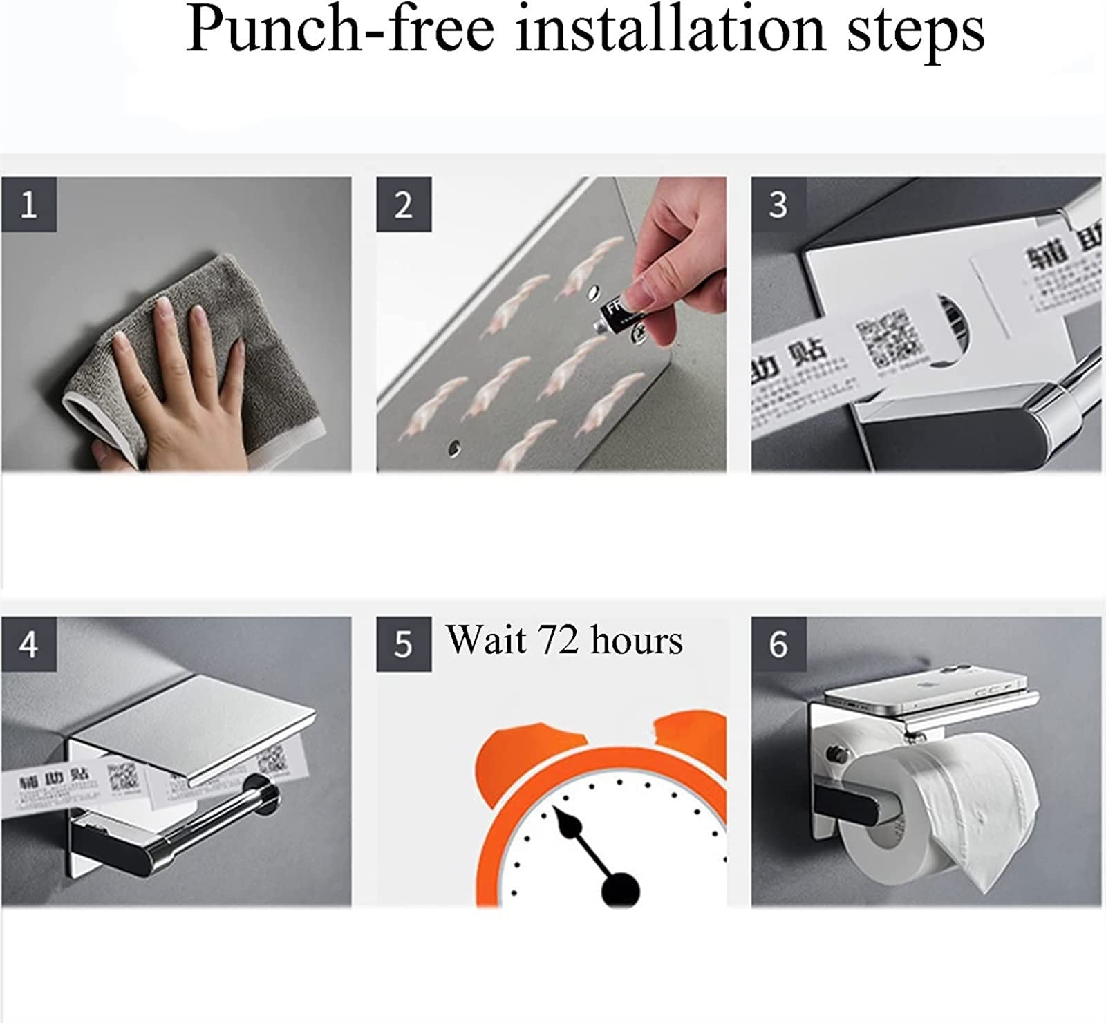 Stainless Steel Toilet Paper Holder - No Drill Adhesive Wall Mounted Bathroom & Kitchen Paper Towel Roll Holder with Shelf - Silver (Ideal for Small Spaces, RVs & Apartments)