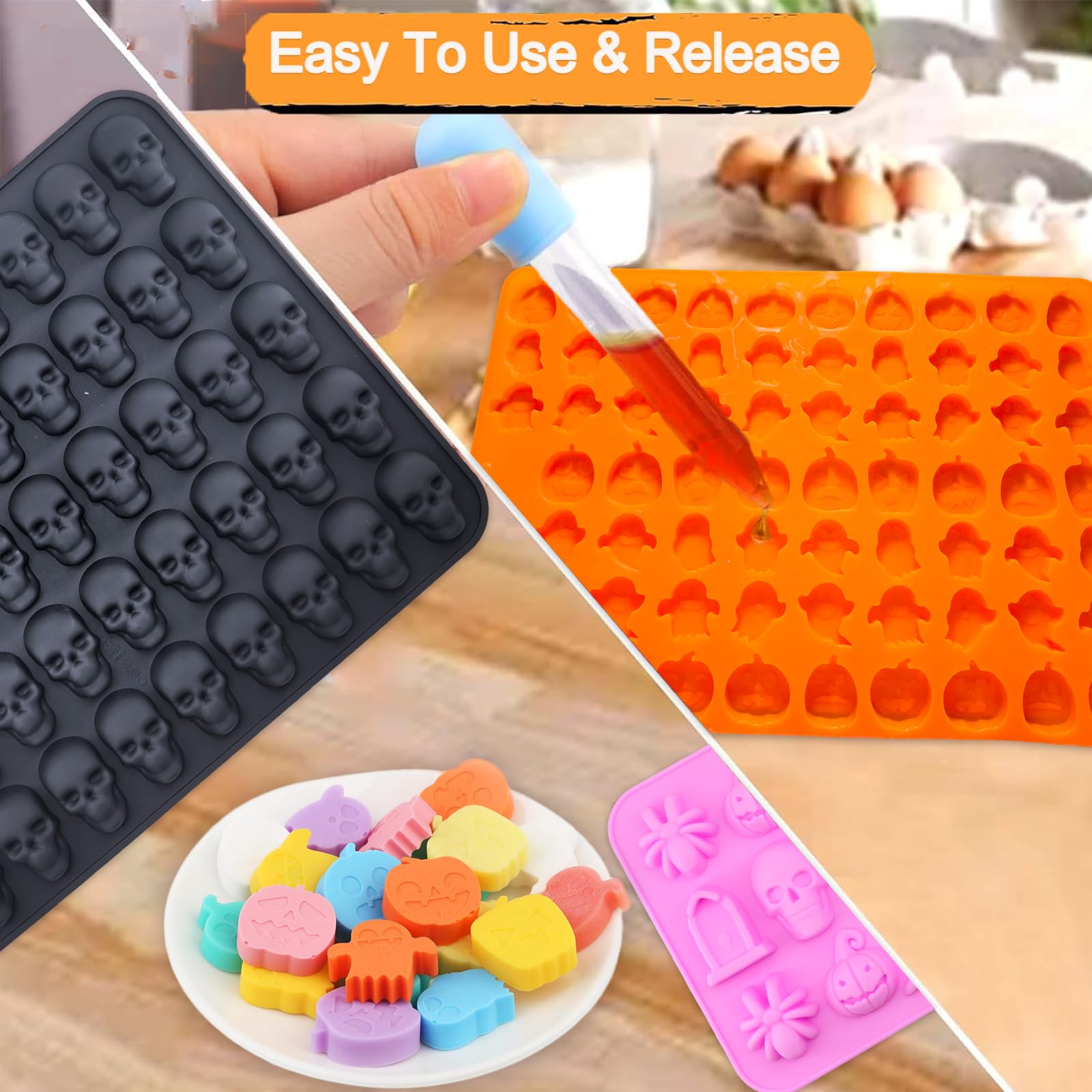 3 Pack Halloween Candy Silicone Molds - 145 Cavity Mini Pumpkin, Ghost, Skull & Spider Witch Hat Chocolate Molds with 2 Droppers | Perfect for DIY Gummy, Chocolate & Candy Making at Home, Parties & Halloween Treats