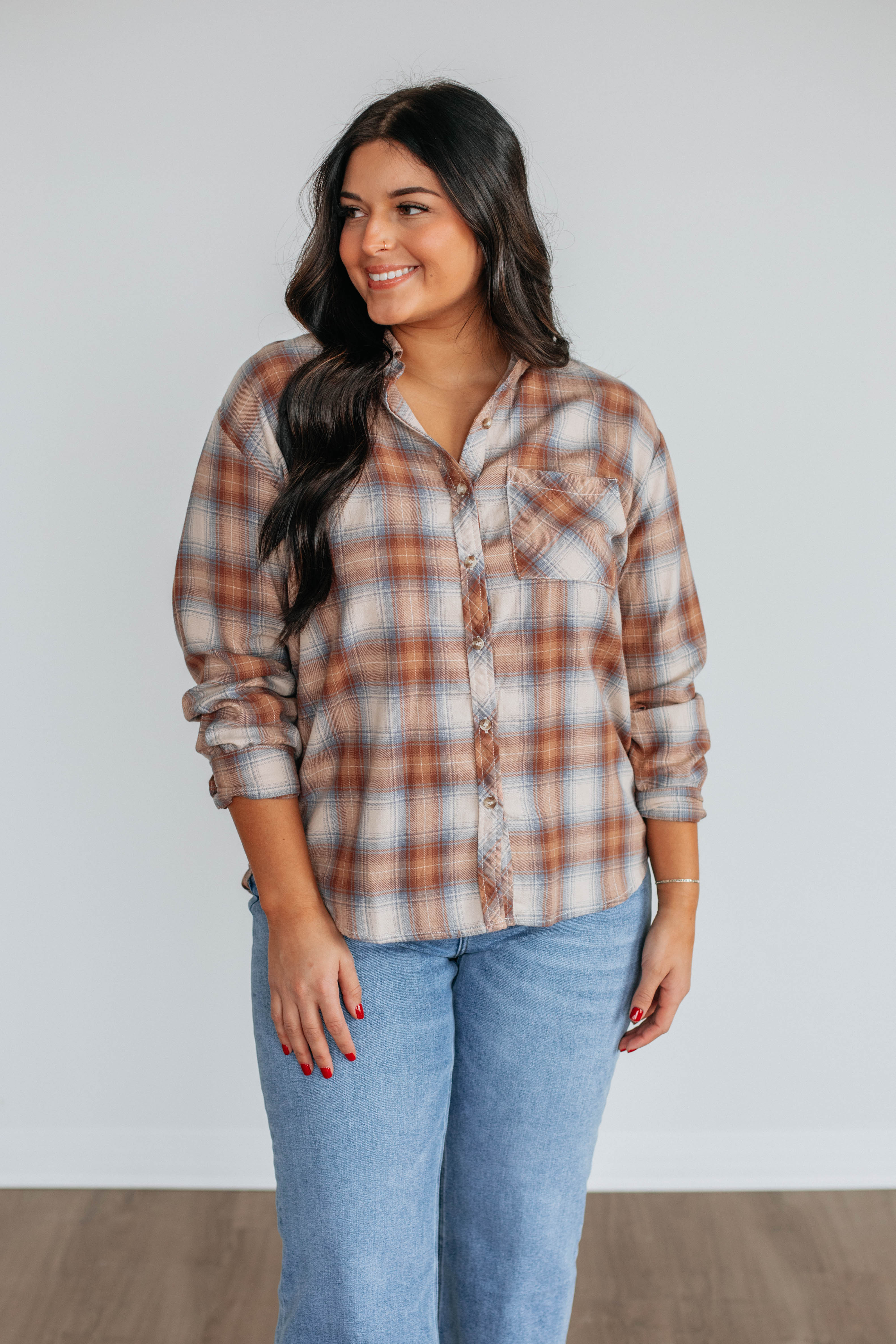Camden Flannel Top in Caramel - Soft & Cozy Women's Shirt for Fall & Winter Layering