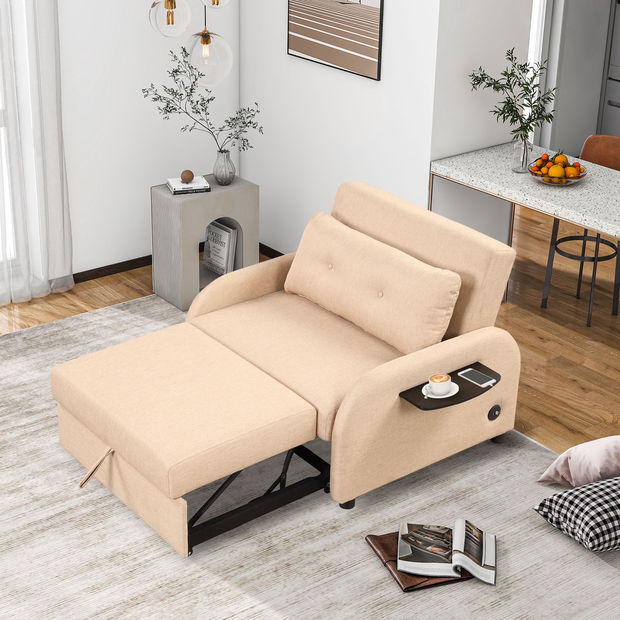 Merax Modern Pull Out Sofa Bed with 2 Wing Tables, Side Pockets & USB Charging Port - 41.5