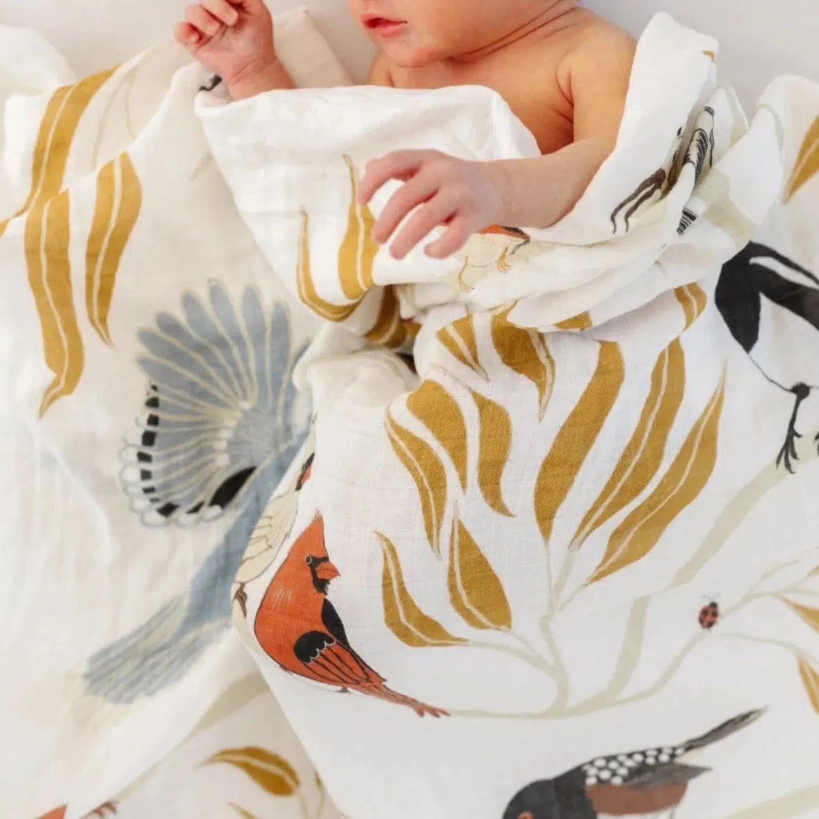 Clementine Kids Cotton Muslin Swaddle Blanket with Bird Print - Soft & Breathable for Newborn Baby Swaddling, Nursing, and Stroller Cover