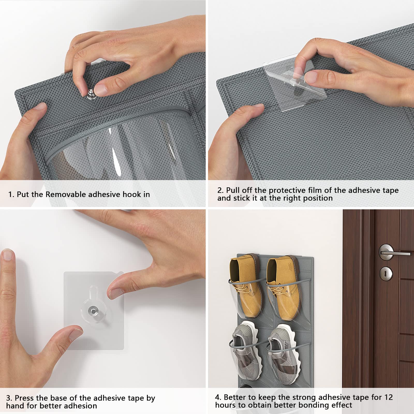 2-Pack Clear Over The Door Shoe Organizer - 12-Pocket Hanging Shoe Rack for Closet with Adhesive Strips, No Drill Wall Mount Shoe Storage for RV, Camper, Dorm & Small Spaces - Space Saving Shoe Organizer for Sneakers, Flats & Heels
