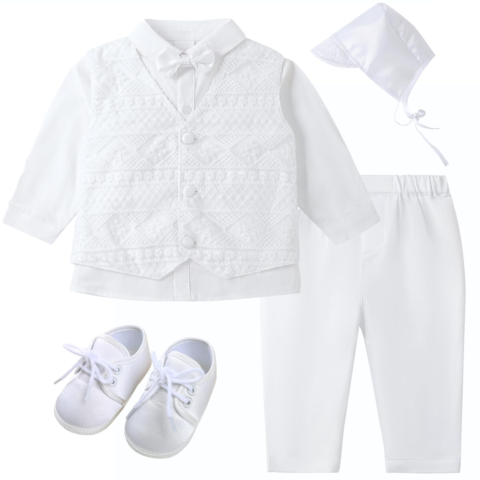 Booulfi Baby Boy Christening Outfit - White Baptism Suit with Dress Shirt & Pants - Perfect for Christening, Baptism, First Communion & Special Occasions