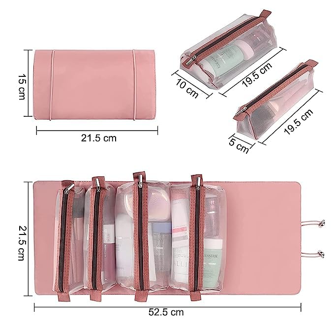Viraaji Makeup Pouch for Women | Waterproof Travel Cosmetic Bag with 4 Compartments | Foldable Hanging Toiletry Organizer | Detachable Makeup Case (Pink) - Perfect for Travel, Gym & Daily Beauty Storage