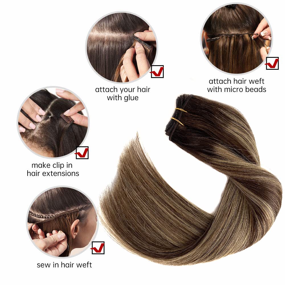 14Inch 80G Ombre Brown & Caramel Blonde Balayage Sew-In Weft Hair Extensions - 100% Real Human Hair Bundles for Natural Volume & Styling - Perfect for Daily Wear, Special Occasions & Salon Styling