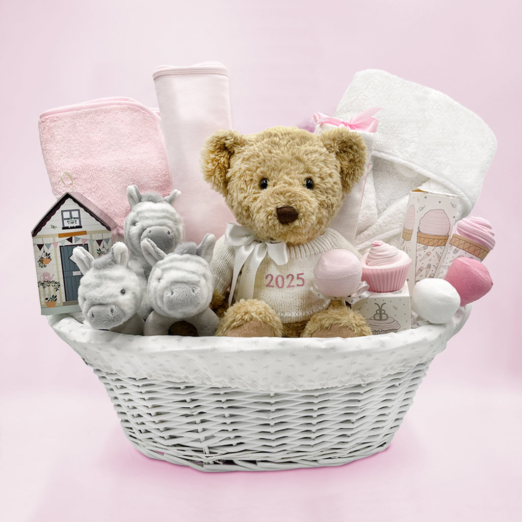 Personalized My First Year Zebra Baby Gift Basket - Pink Baby Shower Gift for Newborn Girls | Perfect for 1st Birthday, Christening & Nursery Decor