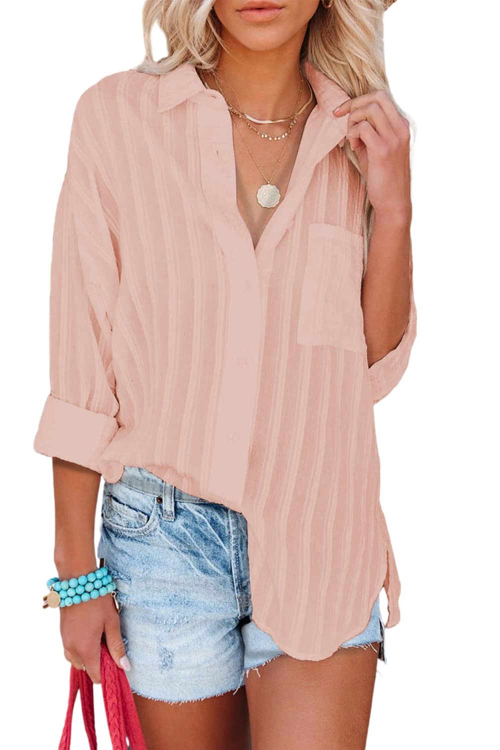 Stylish Women's V-Neck Striped Button-Down Blouse with Roll-Up Sleeves - Casual Office Wear & Spring Outfits