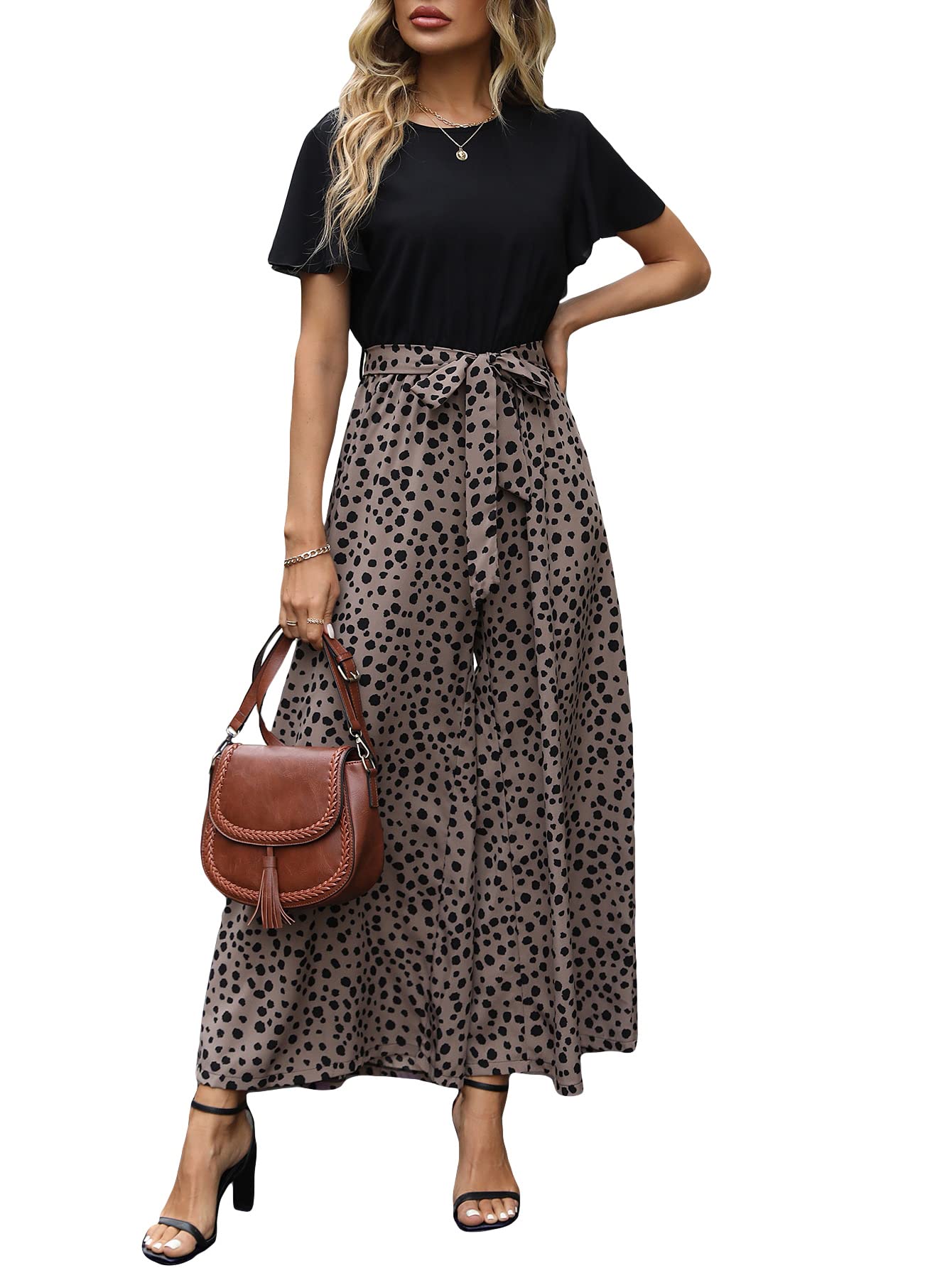 WDIRARA Women's Printed Ruffle Short Sleeve Belted Wide Leg Jumpsuit - Casual Romper with Elastic Waist for Summer, Beach, Vacation & Party Outfits