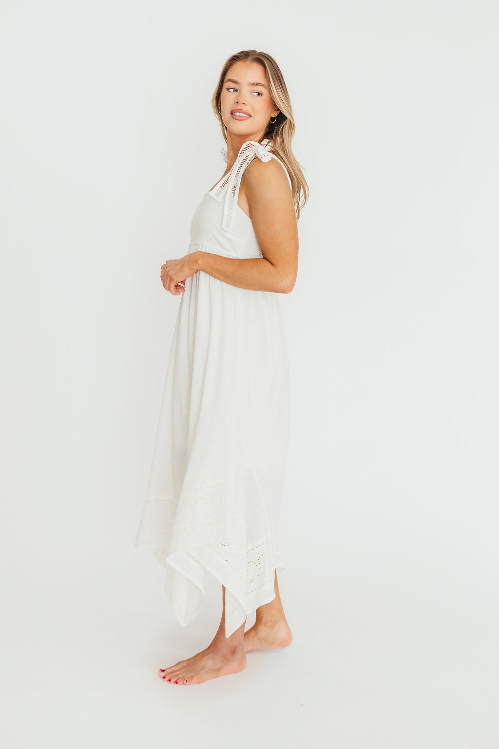 Palmer Asymmetrical Hem Midi Dress - White Flowy Summer Dress for Women | Perfect for Beach Vacations, Date Nights & Special Occasions