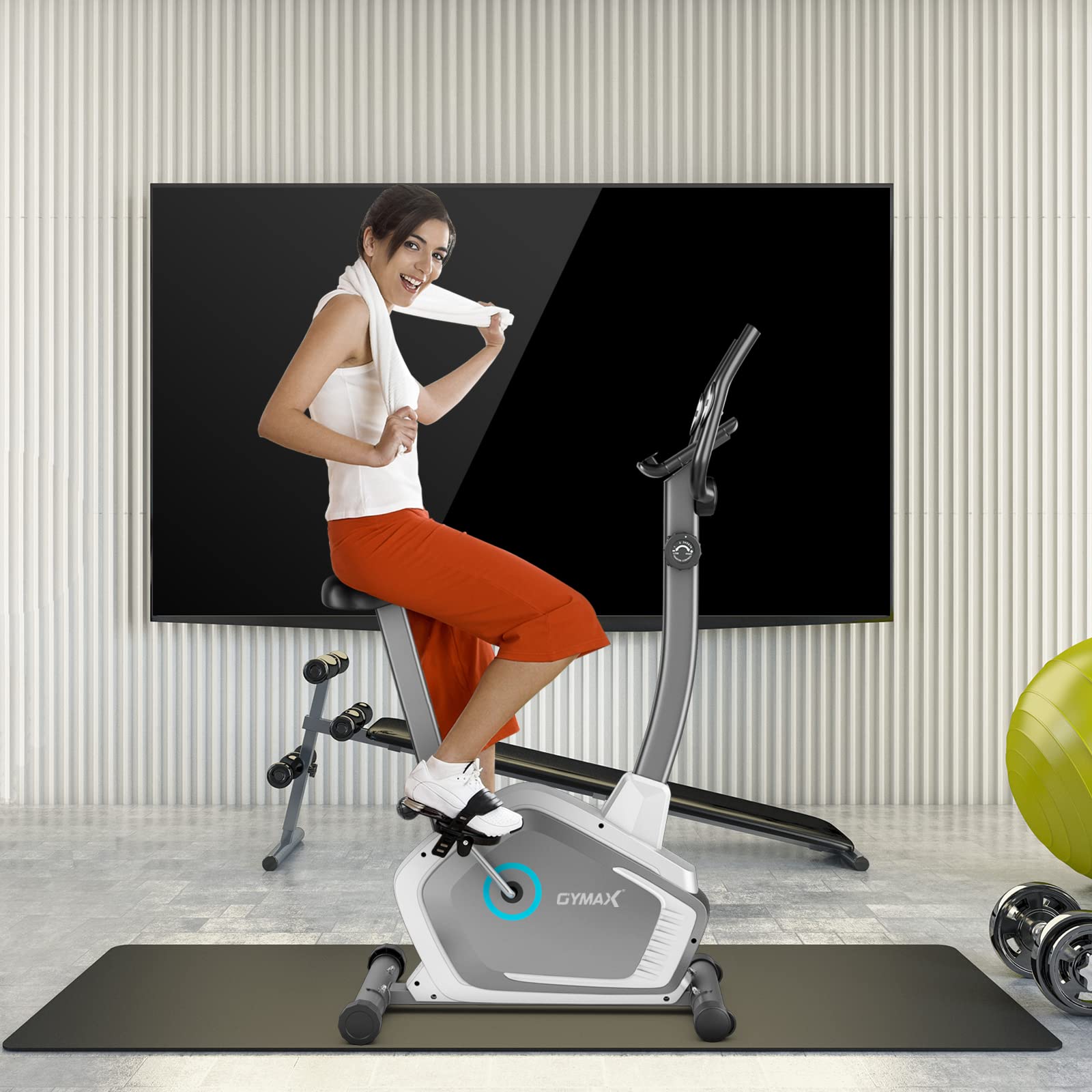 GYMAX Magnetic Upright Exercise Bike with LCD Monitor, Heart Rate Sensor & Transport Wheels - Indoor Cardio Equipment for Home Gym Workouts, Weight Loss & Fitness Training