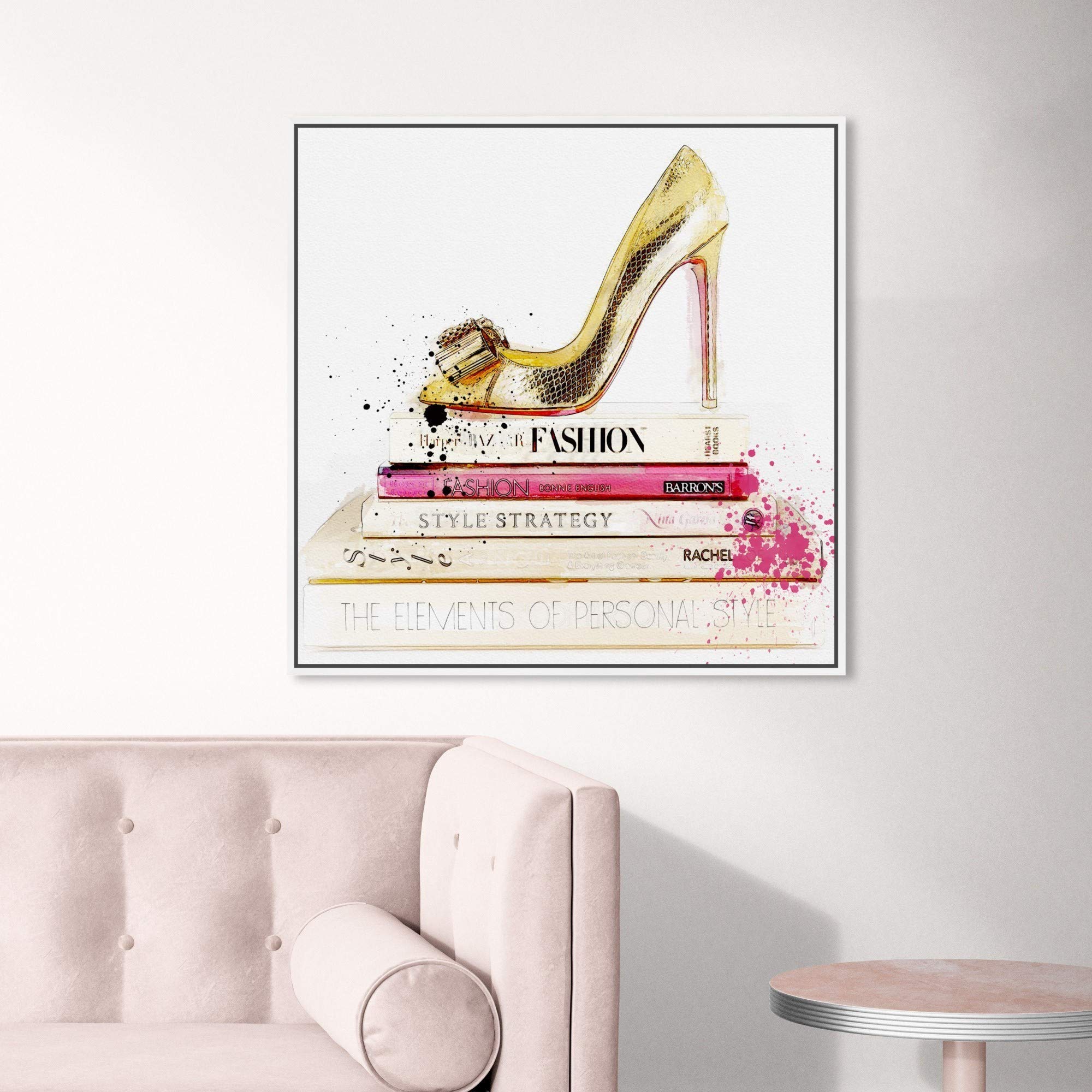Gold Shoe and Fashion Books Framed Wall Art Canvas Print - 24