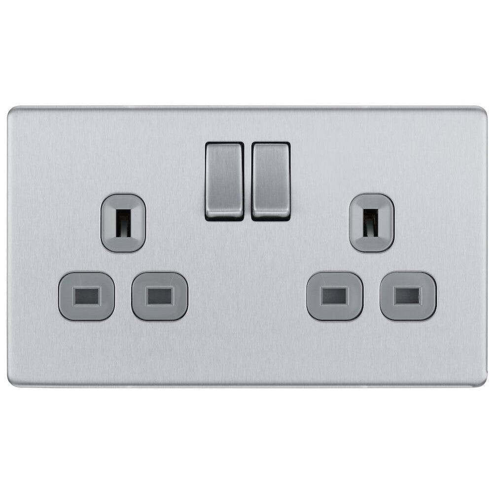 BG Nexus Screwless Brushed Steel 13A Double Socket FBS22G - Modern Electrical Outlet for Home & Office Use