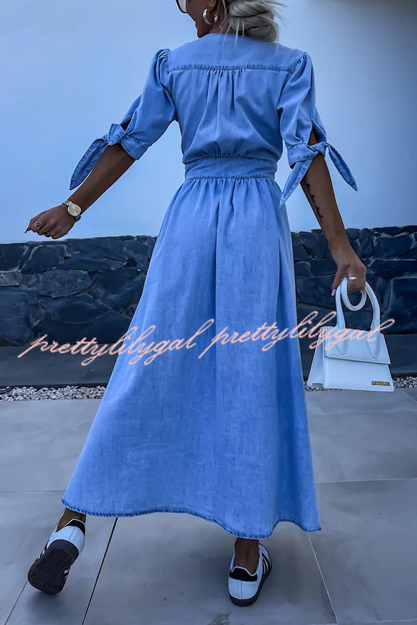 Stylish Solid Color V-Neck Button Down Denim Midi Dress for Women | Casual & Office Wear | Perfect for Spring & Summer Outings
