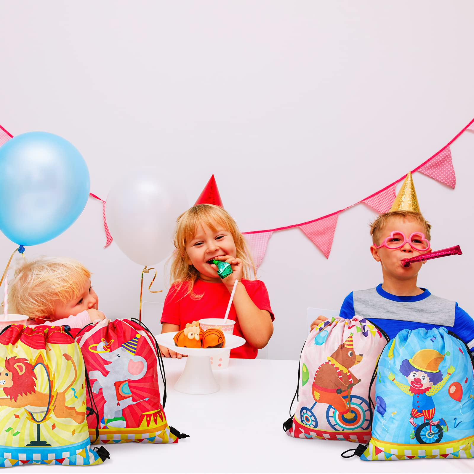Jetec 16 Pack Circus Themed Gift Bags & Drawstring Backpacks - Colorful Party Favors for Birthday, Carnival & Themed Events - Perfect for Kids' Parties, School Events & Festival Giveaways