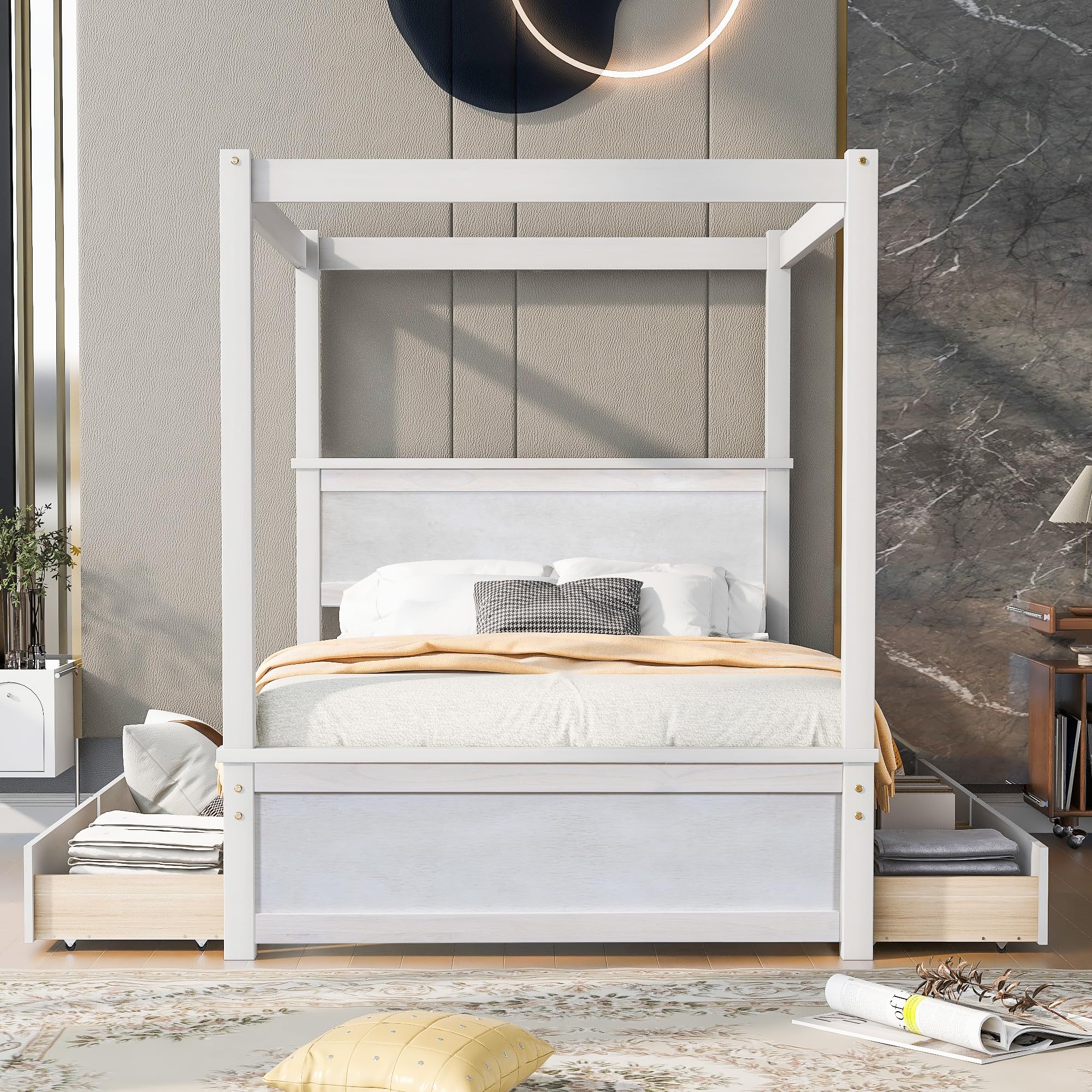Full Size Canopy Bed with 4 Storage Drawers & Headboard - Wooden Platform Bed Frame, Four Poster Bed in Brushed White - Perfect for Master Bedroom, Guest Room & Small Space Storage Solutions