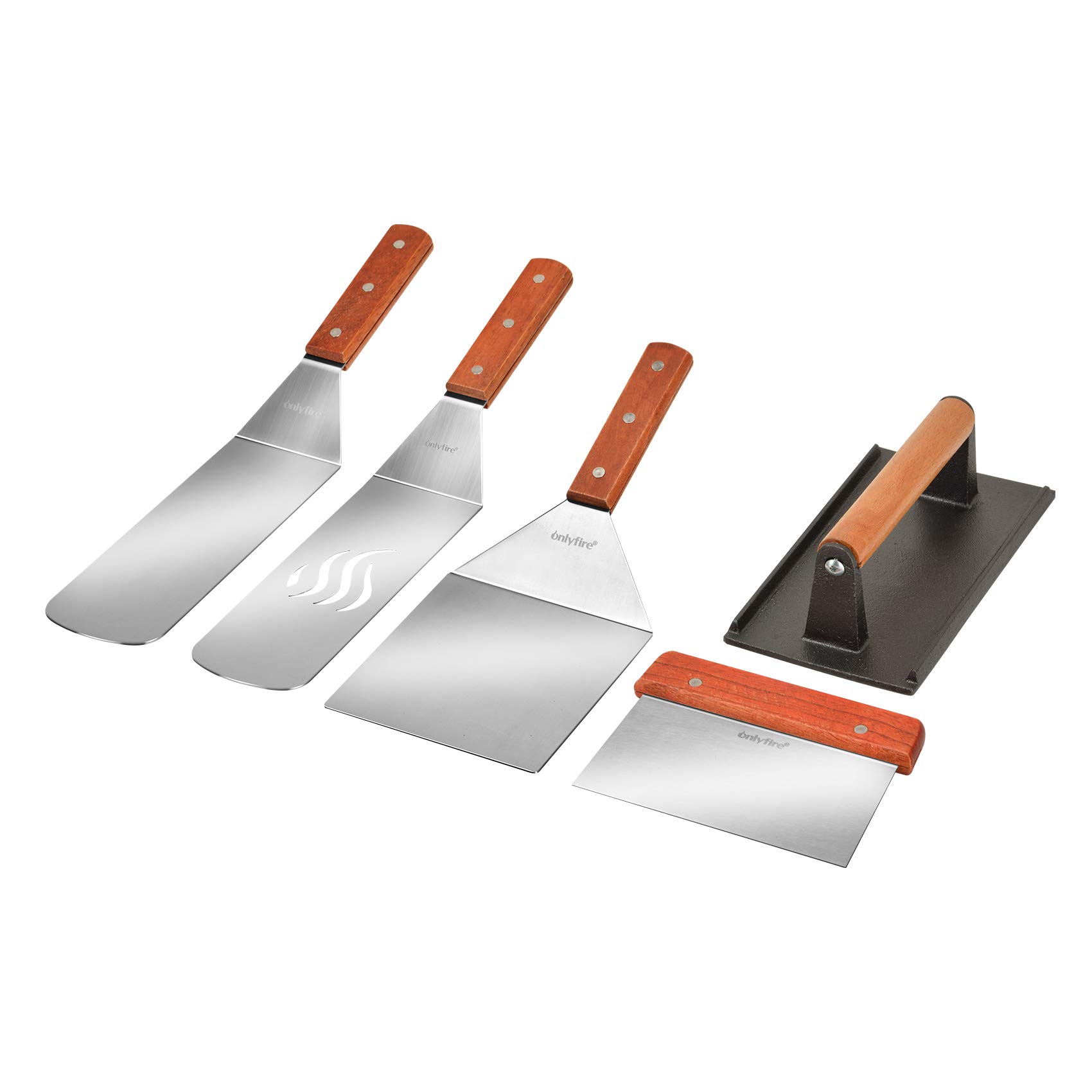 OnlyFire Professional 5-Piece BBQ Grill Tool Kit - Stainless Steel Griddle Accessories for Camping, Outdoor Hibachi & Backyard Cooking - Perfect for Grilling, Searing & Flat Top Cooking