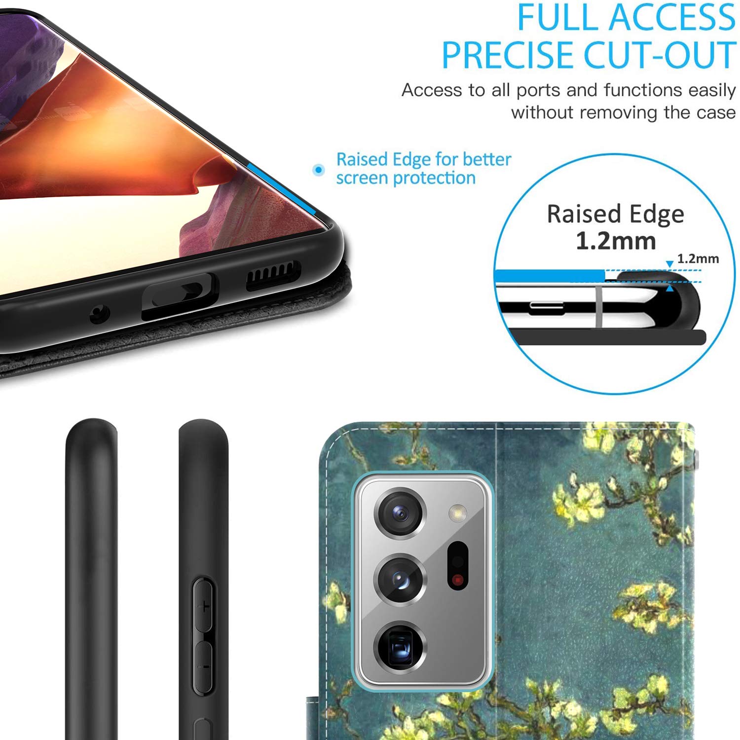 Premium RFID Blocking PU Leather Flip Folio Wallet Case for Samsung Galaxy Note 20 Ultra - Almond Blossom Design | Stand Feature & Card Slots | Perfect for Travel, Business & Daily Protection