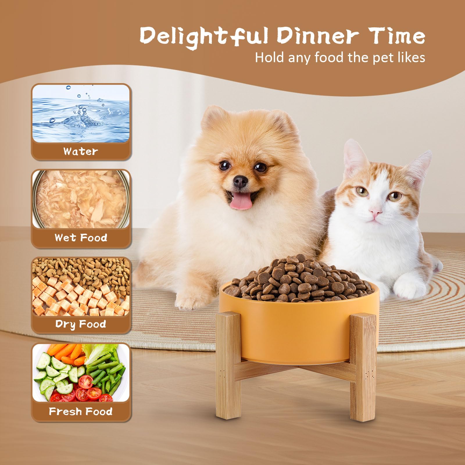 Premium Elevated Ceramic Cat Bowl with Bamboo Stand - Anti-Vomiting Raised Dog Dish for Puppies - 13.5oz/400ml White Pet Food Bowl - Stress-Free Feeding for Cats & Small Dogs - Perfect for Home, Kitchen or Pet Feeding Station