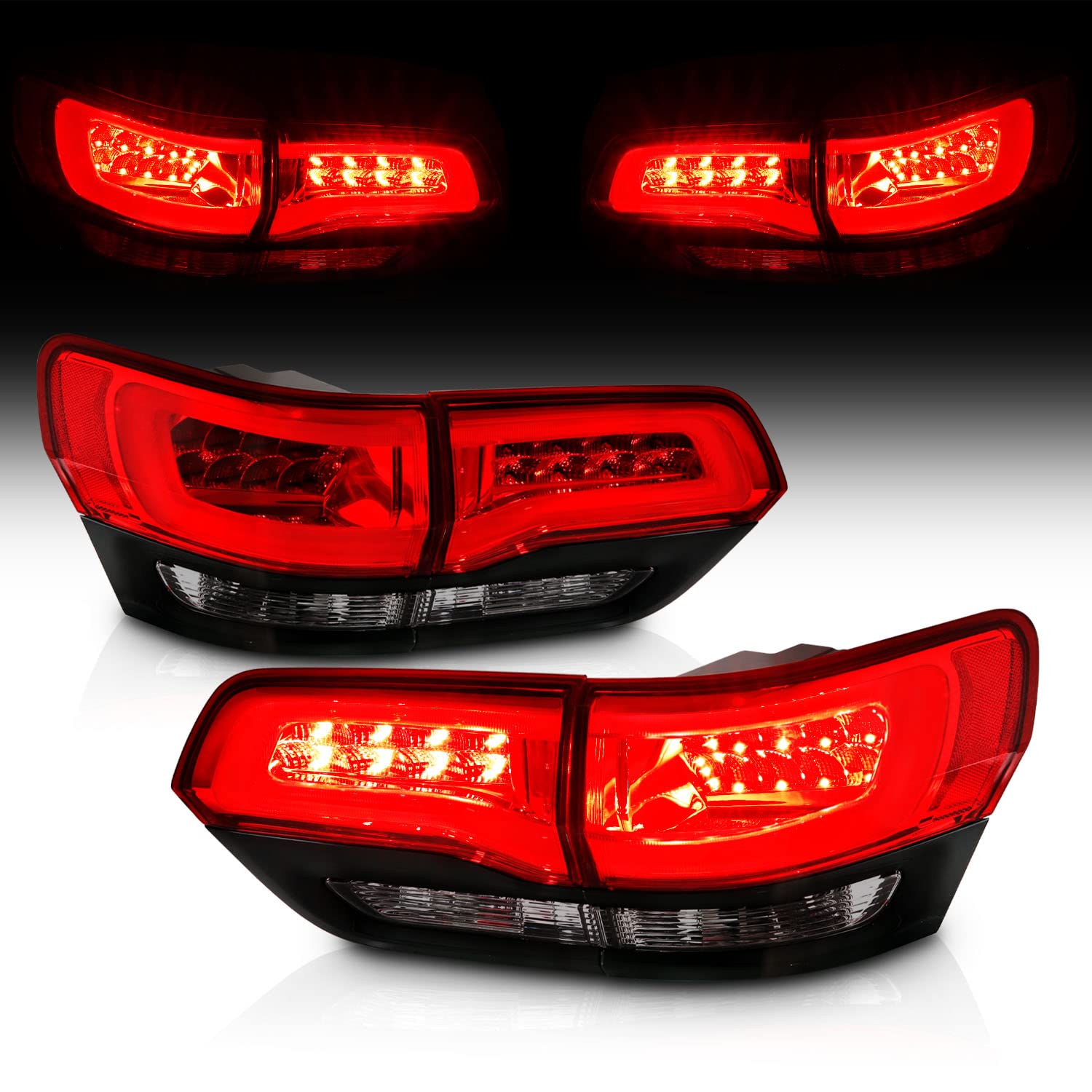 AmeriLite Red/Smoke/Black LED Tail Lights Brake Turn Signal Light Bar Kit - Compatible with 2014-2017 Jeep Grand Cherokee (4-Piece Set for Driver & Passenger Side) - Upgrade Your Off-Road Vehicle Lighting for Night Driving & Enhanced Safety