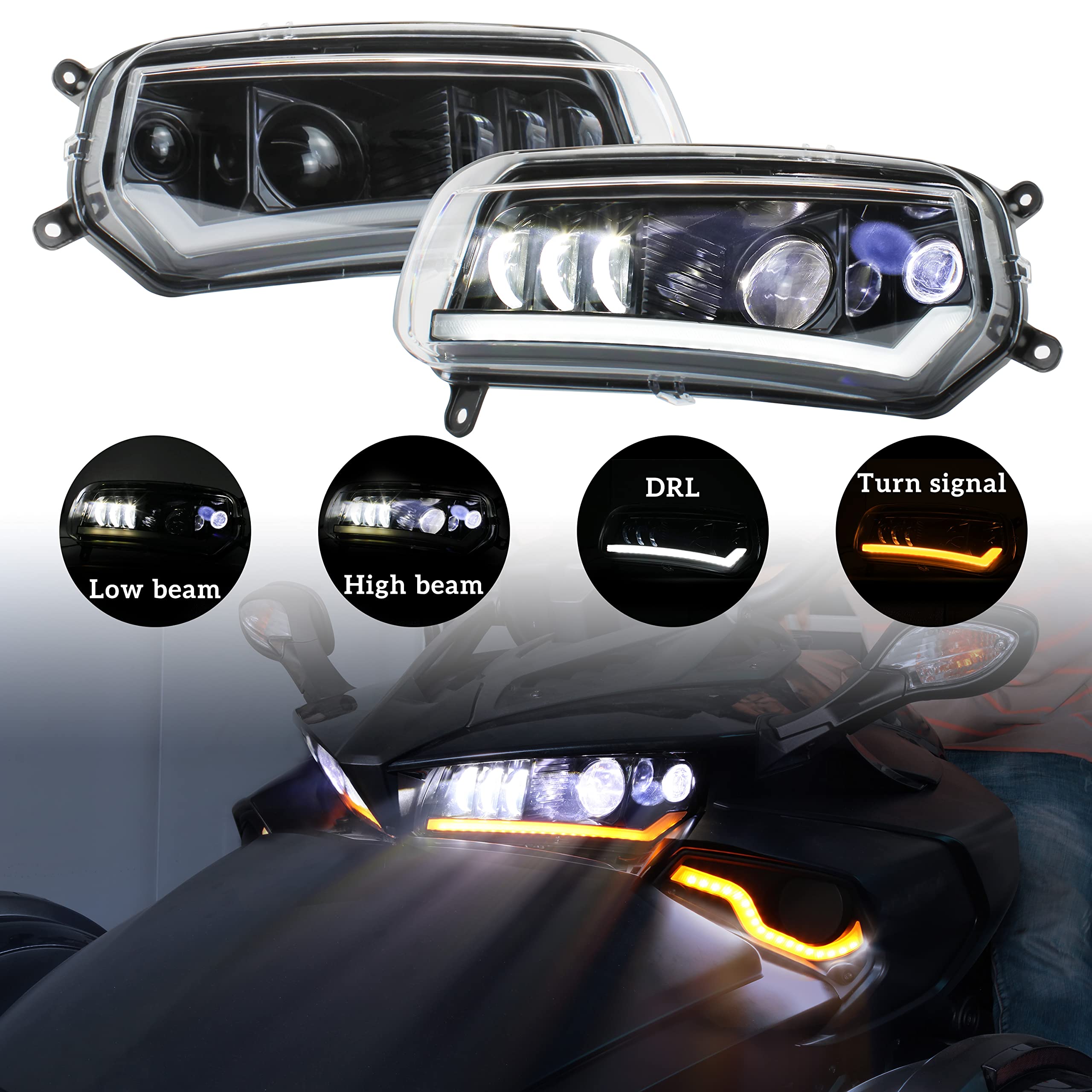 Can-Am Spyder F3 LED Headlight Assembly with DRL & Turn Signal Lights - High-Performance Replacement Headlamps for All F3 Models (2PCS) - Perfect for Night Riding & Enhanced Visibility