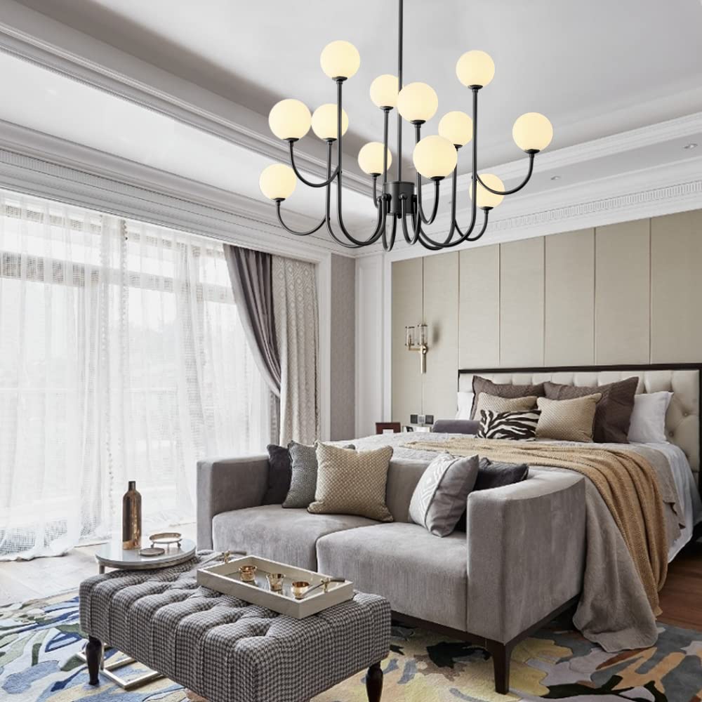 Modern Glass Globe 12-Light Sputnik Chandelier - Mid-Century Black Ceiling Light Fixture for Dining Room, Living Room, Bedroom, Kitchen, Stairwell & Office - Elegant Pendant Lighting for Home and Commercial Spaces