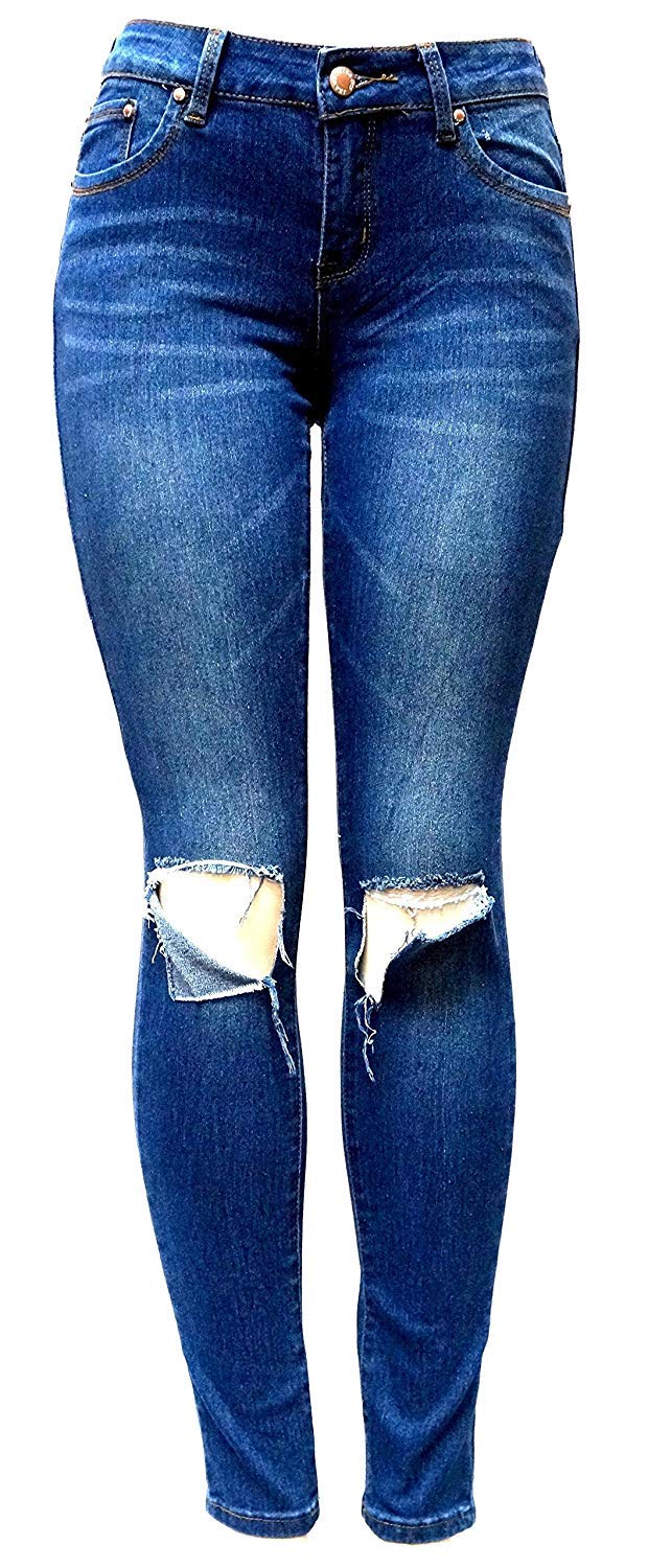 Women's Distressed Blue Skinny Jeans - Stretch Denim Ripped Pants for Juniors | Perfect for Casual Outfits, Streetwear & Everyday Wear