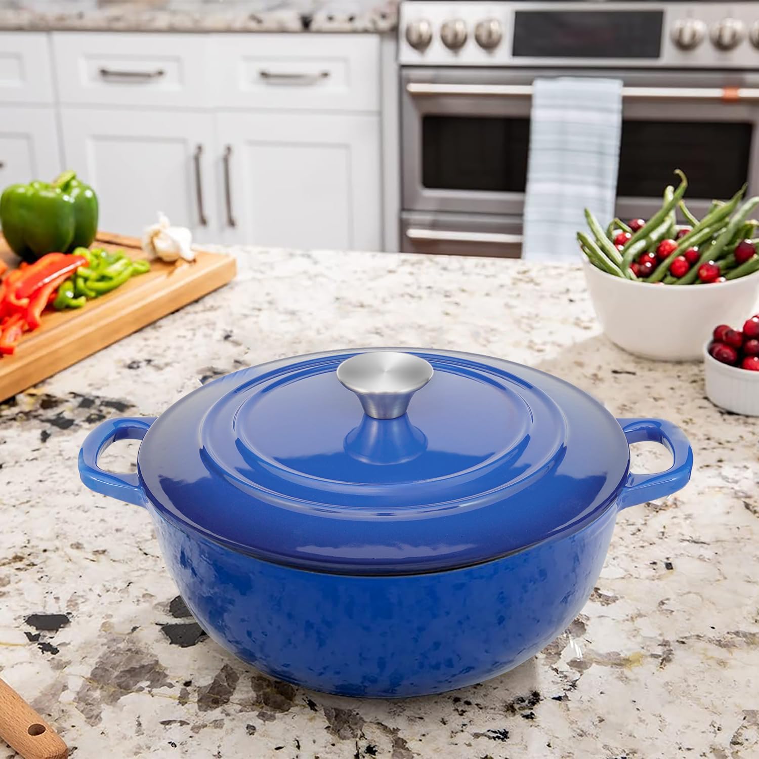 5 Qt Blue Enameled Cast Iron Dutch Oven with Lid & Handles – Perfect for Bread Baking, Stews, Soups & Outdoor Cooking – Heavy Duty Oven Safe Pot for Camping, Roasting & Slow Cooking