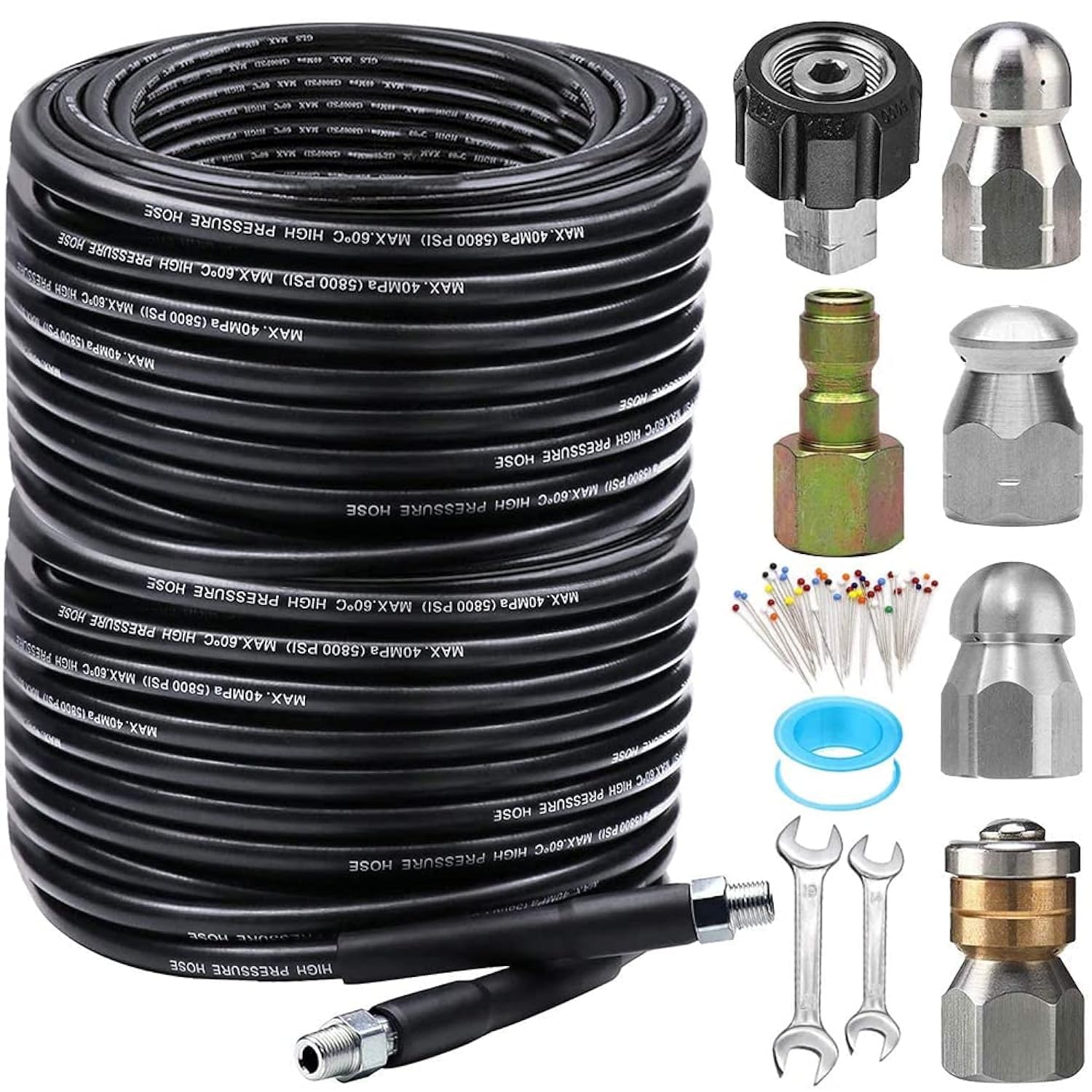 **200FT High-Pressure Sewer Jetter Kit for Pressure Washer – 5800PSI Drain Cleaner Hose with 1/4 Inch NPT Corner, Rotating & Button Nozzle – Includes Pearl Corsage Pin, Waterproof Tape & 2 Spanners – Ideal for Clogged Drains, Sewer Lines & Commercial Cleaning**