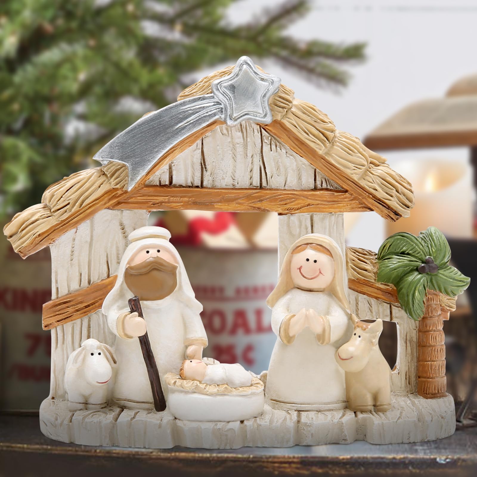 Nativity Scene Christmas Decorations - 3.75''H x 4.7''L Apricot Nativity Set for Tabletop, Fireplace, Office & Home Holiday Decor - Perfect for Christmas Parties, Indoor Decor & Festive Gift Giving