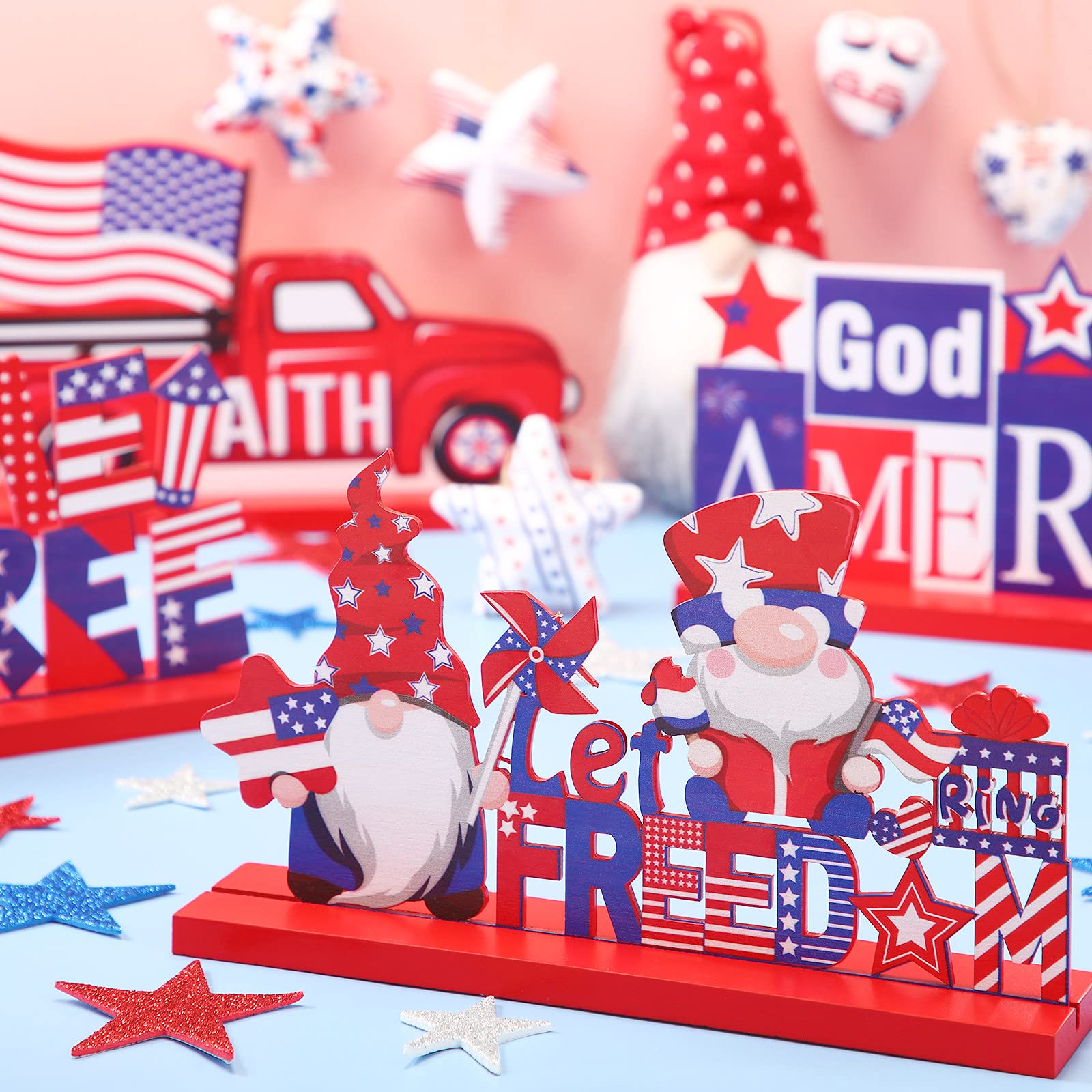 4th of July Wooden Table Centerpiece - 4-Piece Patriotic Table Decor Set with 