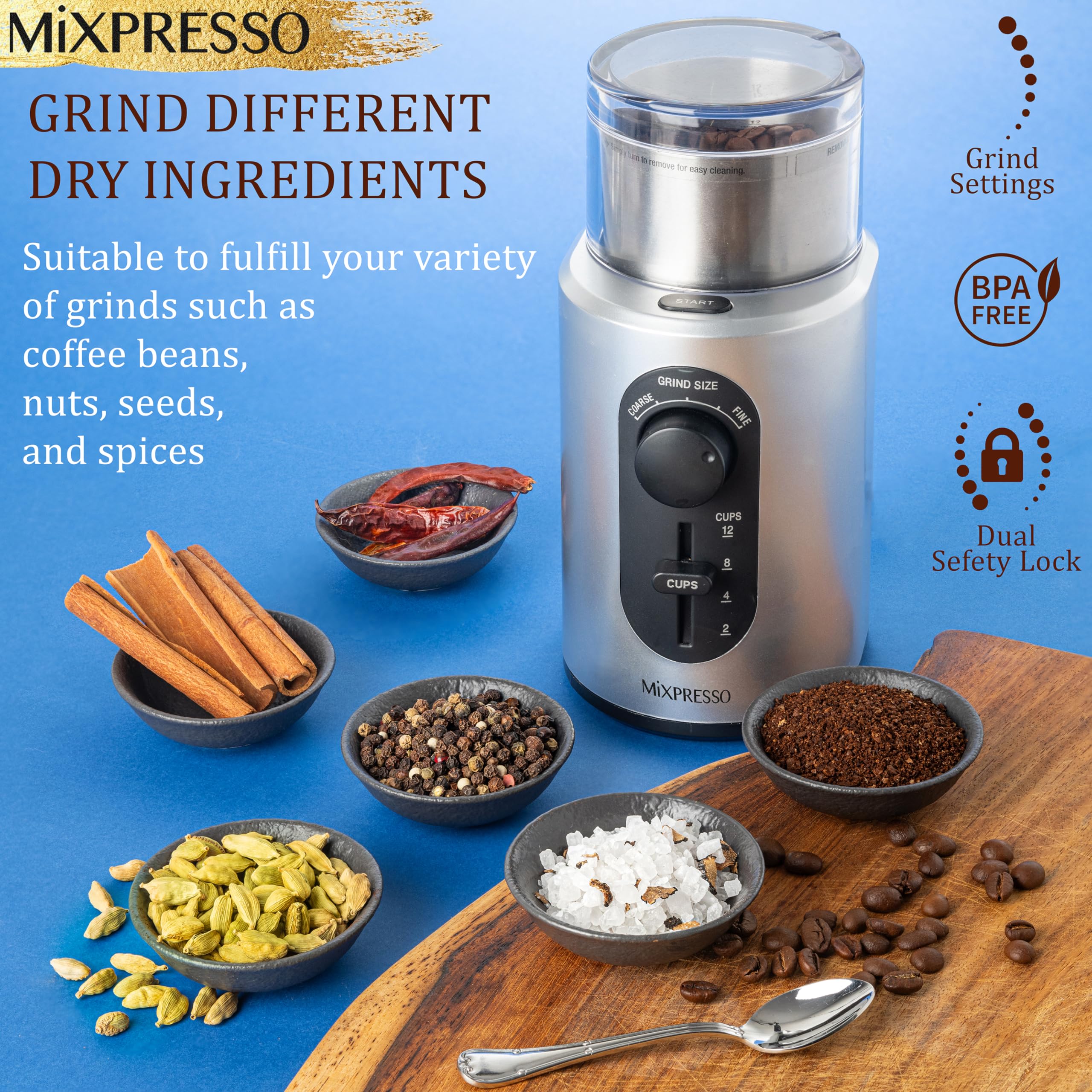 Mixpresso Electric Coffee Grinder - 12 Cup Capacity with 304 Stainless Steel Blade for Espresso Beans, Removable Chamber - Bundle with 9 Cup Stovetop Espresso Maker & Moka Pot - Perfect for Home, Office & Camping Coffee Brewing